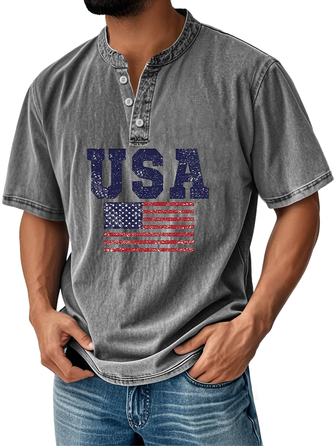 Men's Everyday Independence Day Flag Print Casual Stand Collar Short Sleeve Henley Shirt