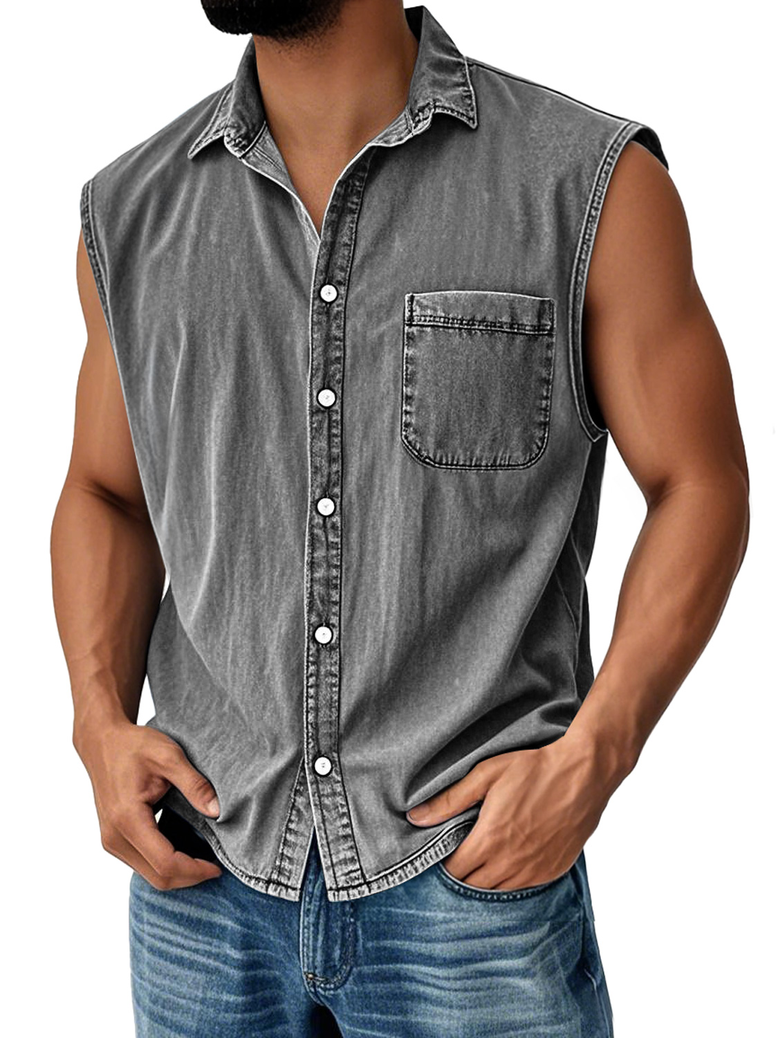 Men's Vintage Everyday Lapel Pocket Casual Sleeveless Shirt