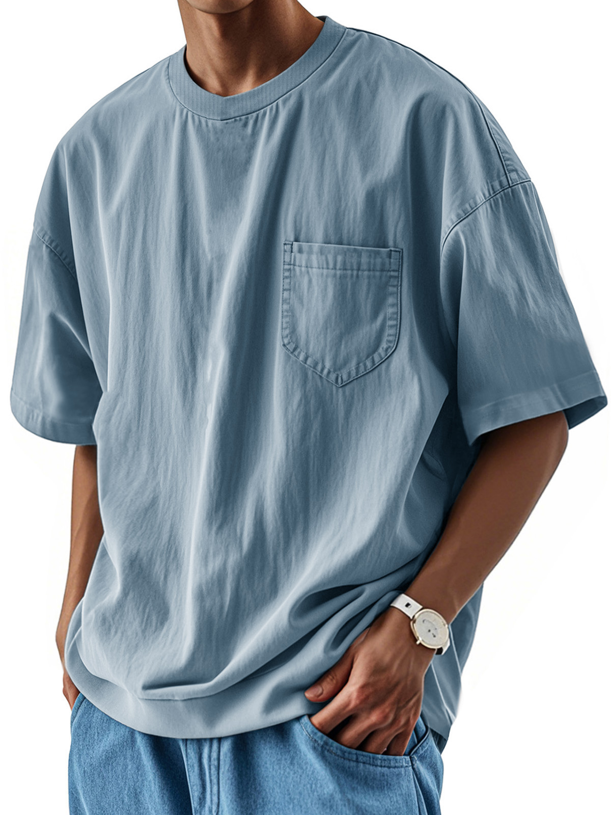 Men's Fashion Casual Retro Shirt Round Neck Pocket Short Sleeve T-Shirt