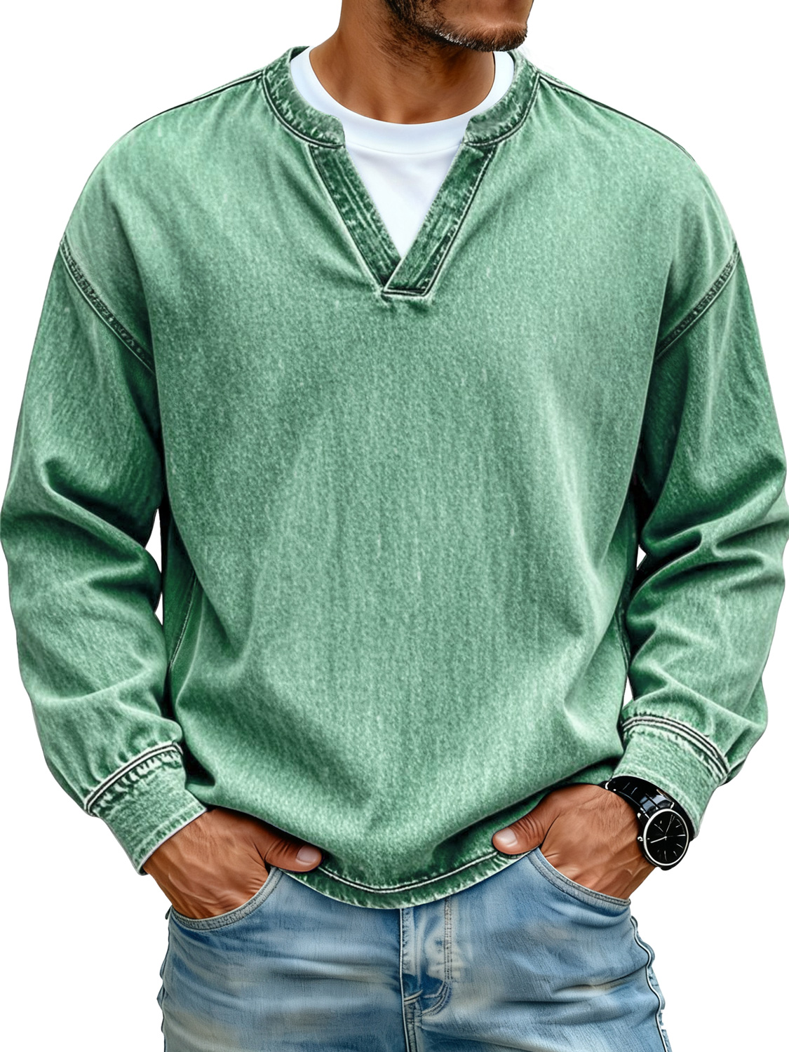 Retro Minimalist Faux Two-piece Design Casual Long-sleeved T-shirt