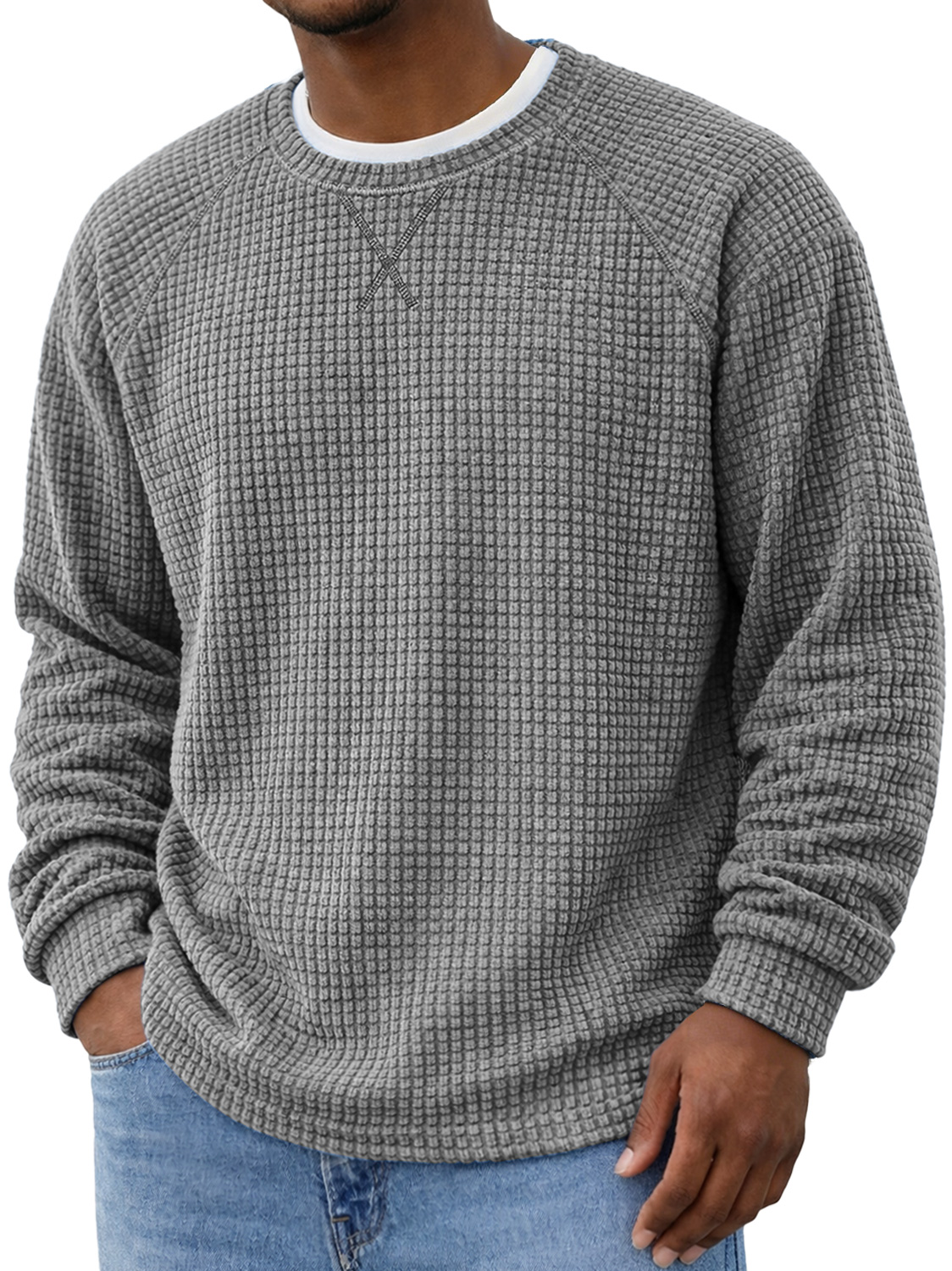 Men's Crew Neck Raglan Sleeve Corduroy Waffle Knit Long-sleeved T-shirt With Crossover Design
