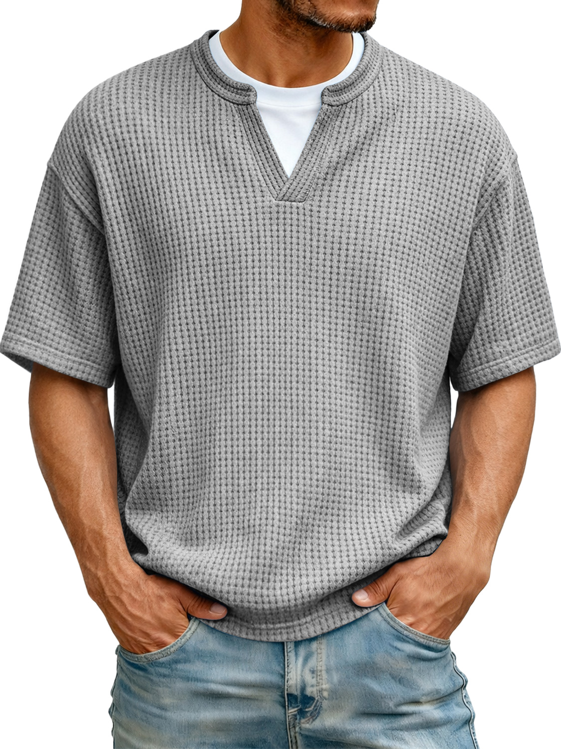 Men's Waffle-knit Two-piece Look Casual Solid Color Short-sleeved T-shirt
