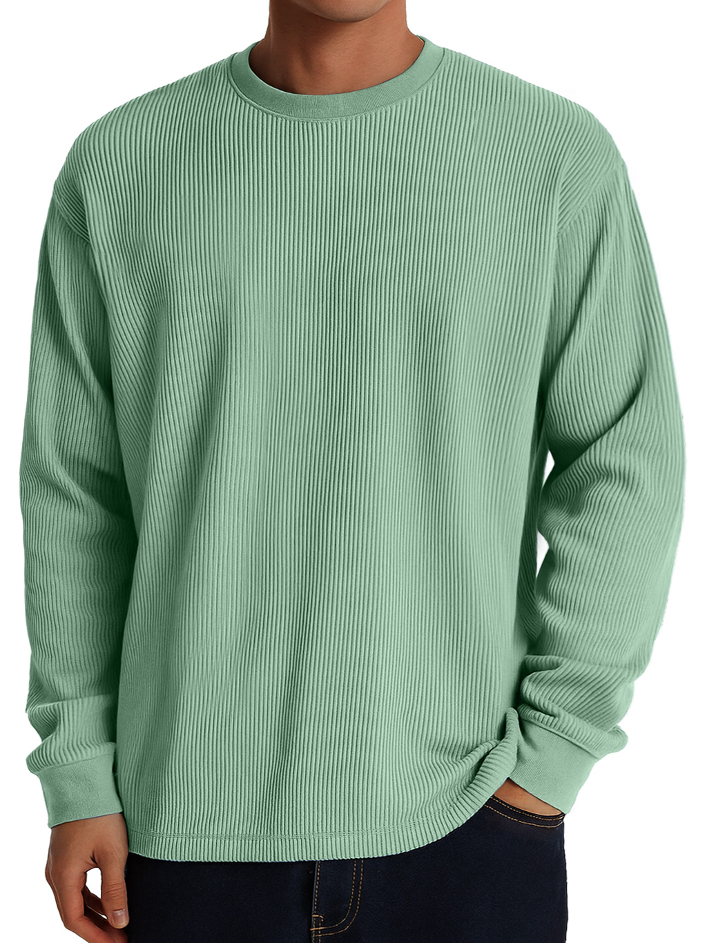Men's Casual Round Neck Ribbed Comfortable Long Sleeve T-shirt