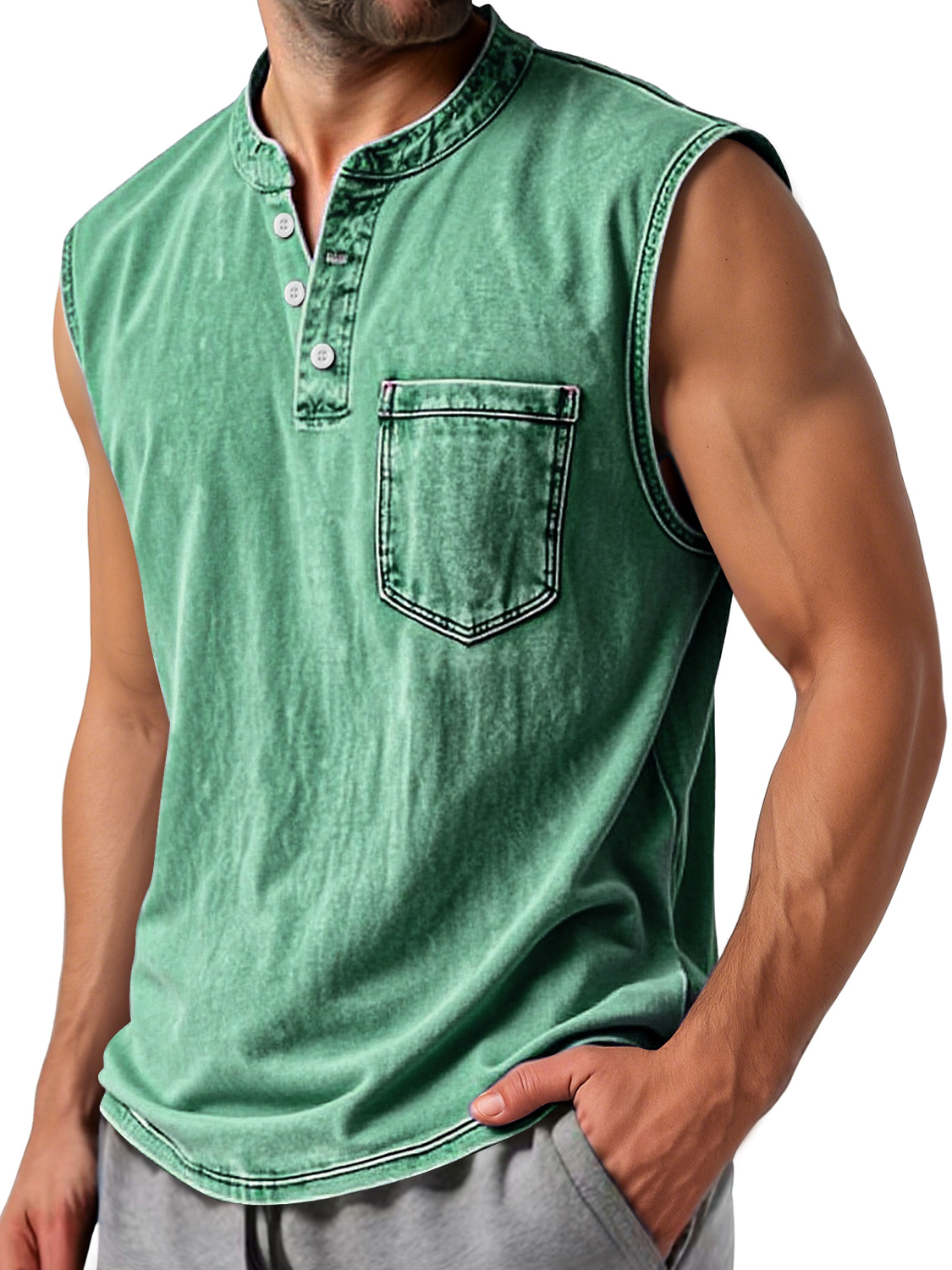 Men's Vintage Stand Collar Button Casual Comfort Sleeveless Henley Shirt