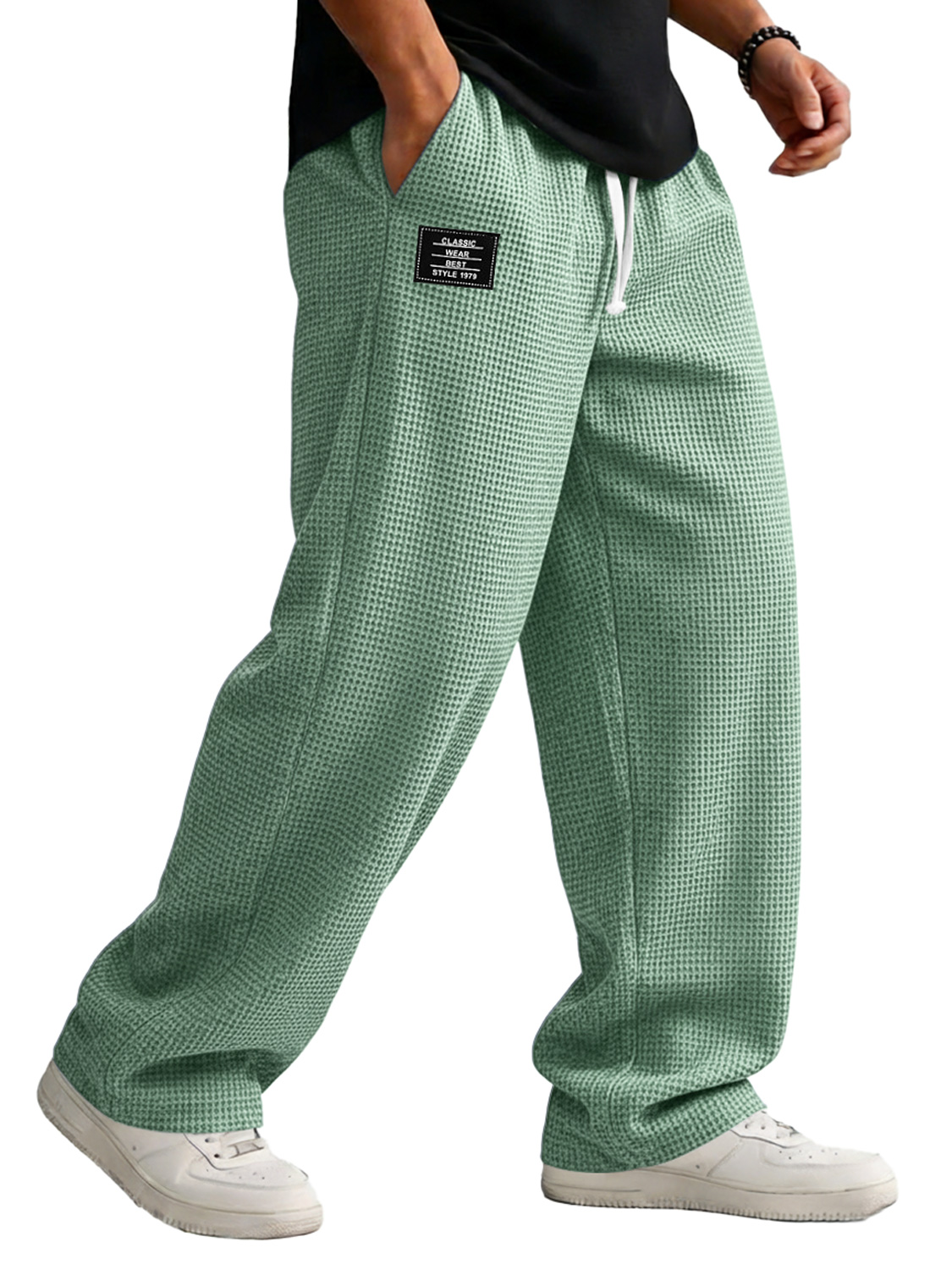 Men's Loose-fitting Waffle-knit Casual Trousers With Elastic Waistband And Embroidered Logo