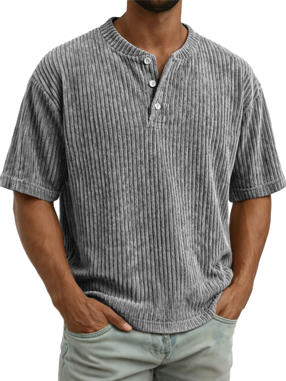 Men's Vintage Corduroy Casual Solid Color Short-sleeved Henley Shirt