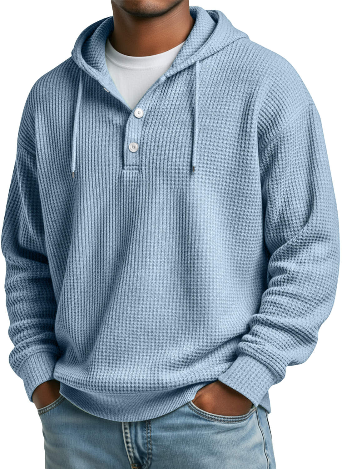Men's Waffle Casual Hooded Button Loose Sweatshirt