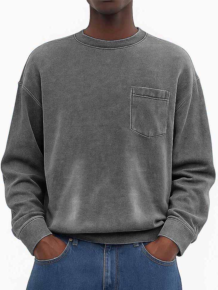 Men's Stylish Vintage Washed And Distressed Fabric Loose-fitting Long-sleeved Crew Neck Sweatshirt With Pockets