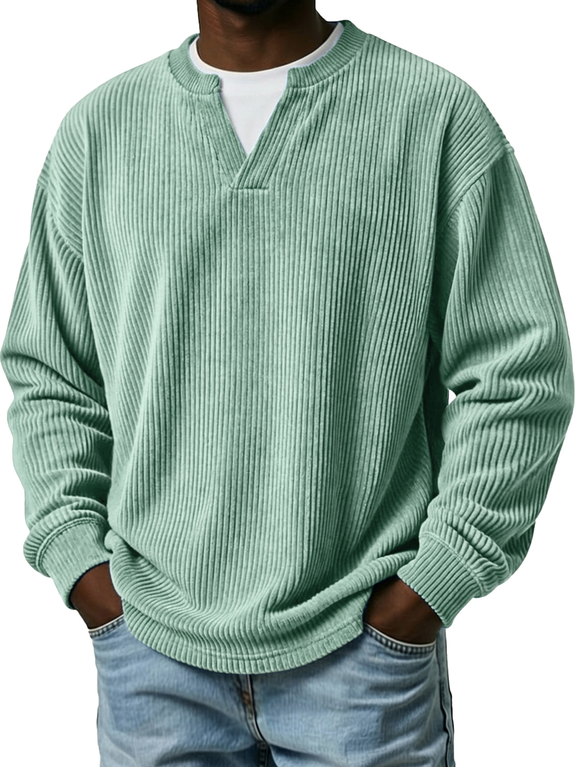 Men's Vintage Corduroy Faux Two-piece Double-collar Casual Long-sleeved T-shirt