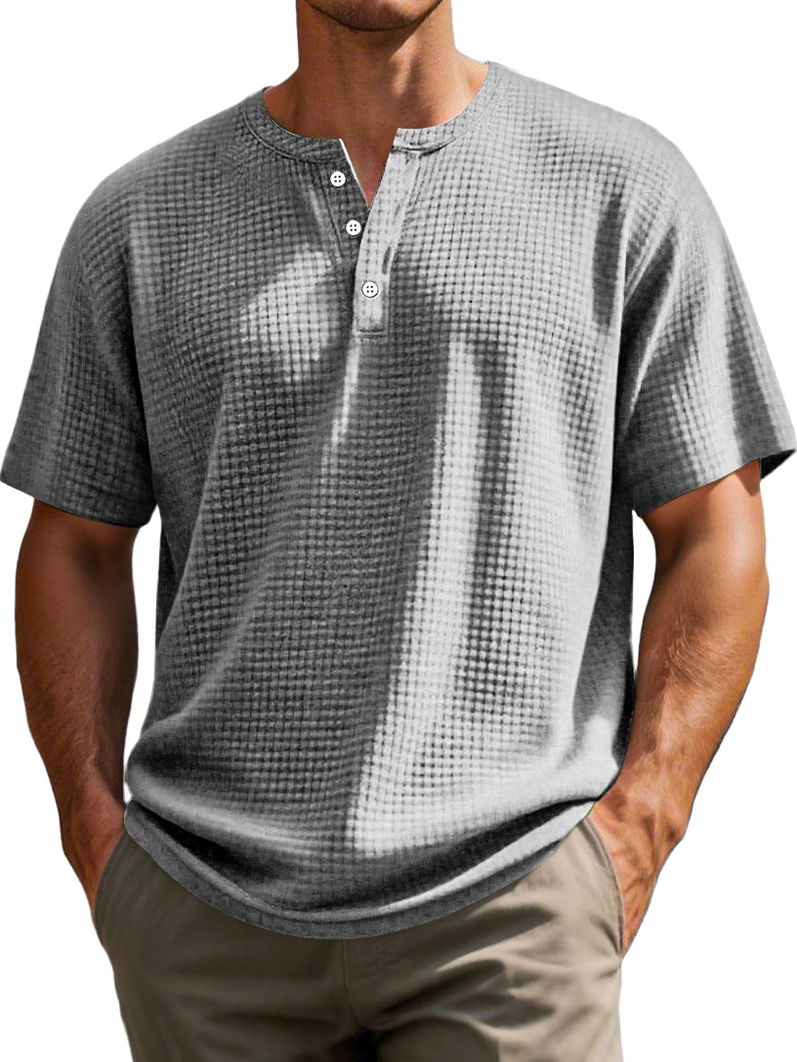 Men's Everyday Waffle Casual Solid Color Short Sleeve Henley Shirt