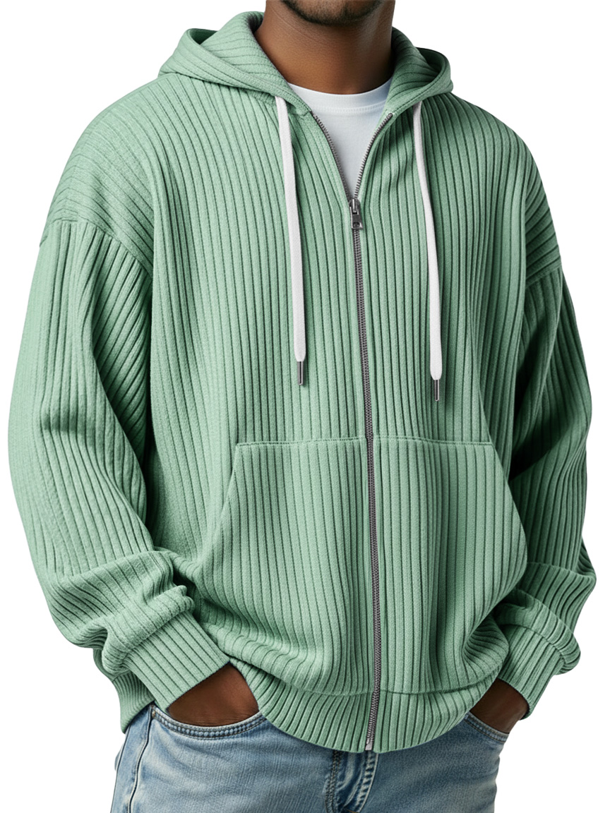 Men's Simple Ribbed Zipper Casual Hooded Jacket