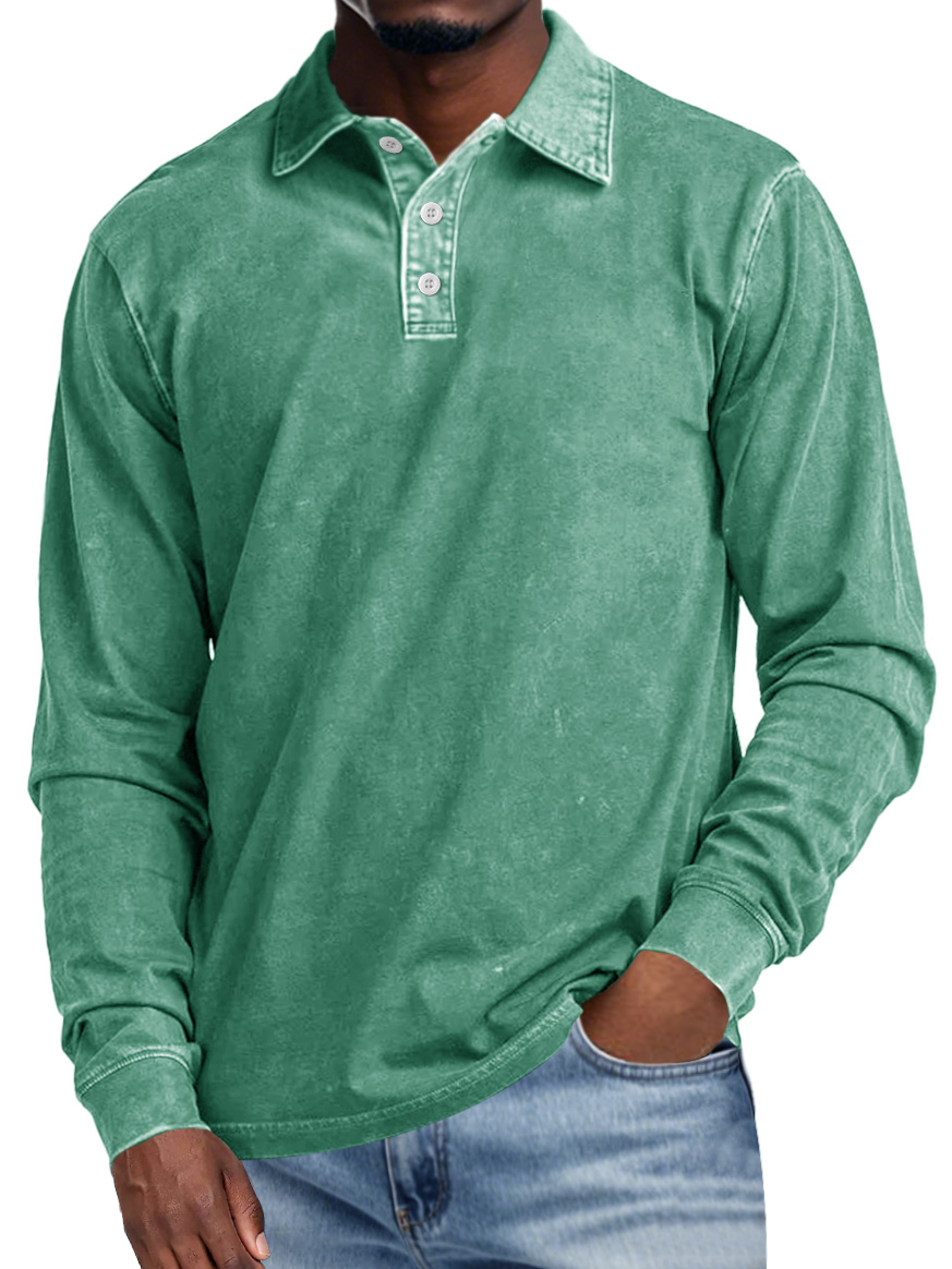 Men's Retro Lapel Button Casual Solid Color Long Sleeve Polo Shirt