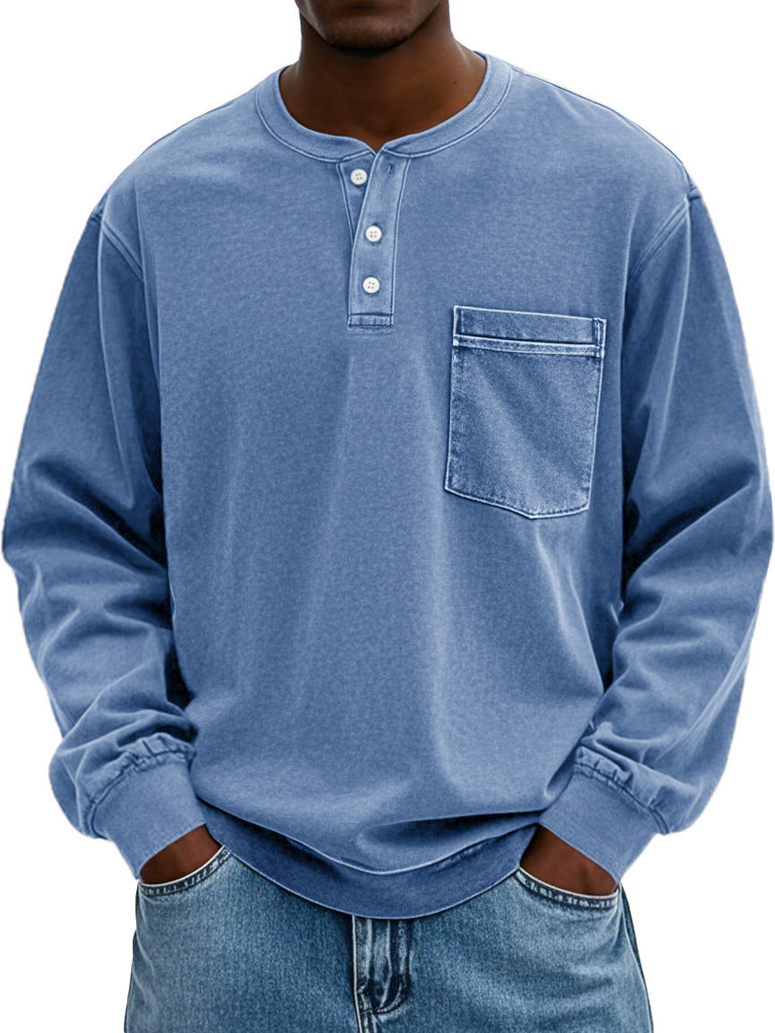 Men's Stylish Vintage Distressed Pocket Lapel Long-sleeved Henley Shirt