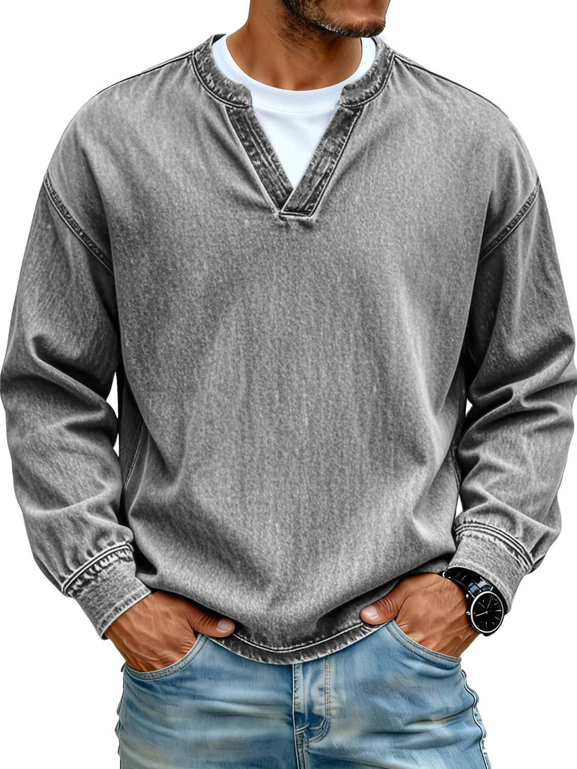 Retro Minimalist Faux Two-piece Design Casual Long-sleeved T-shirt