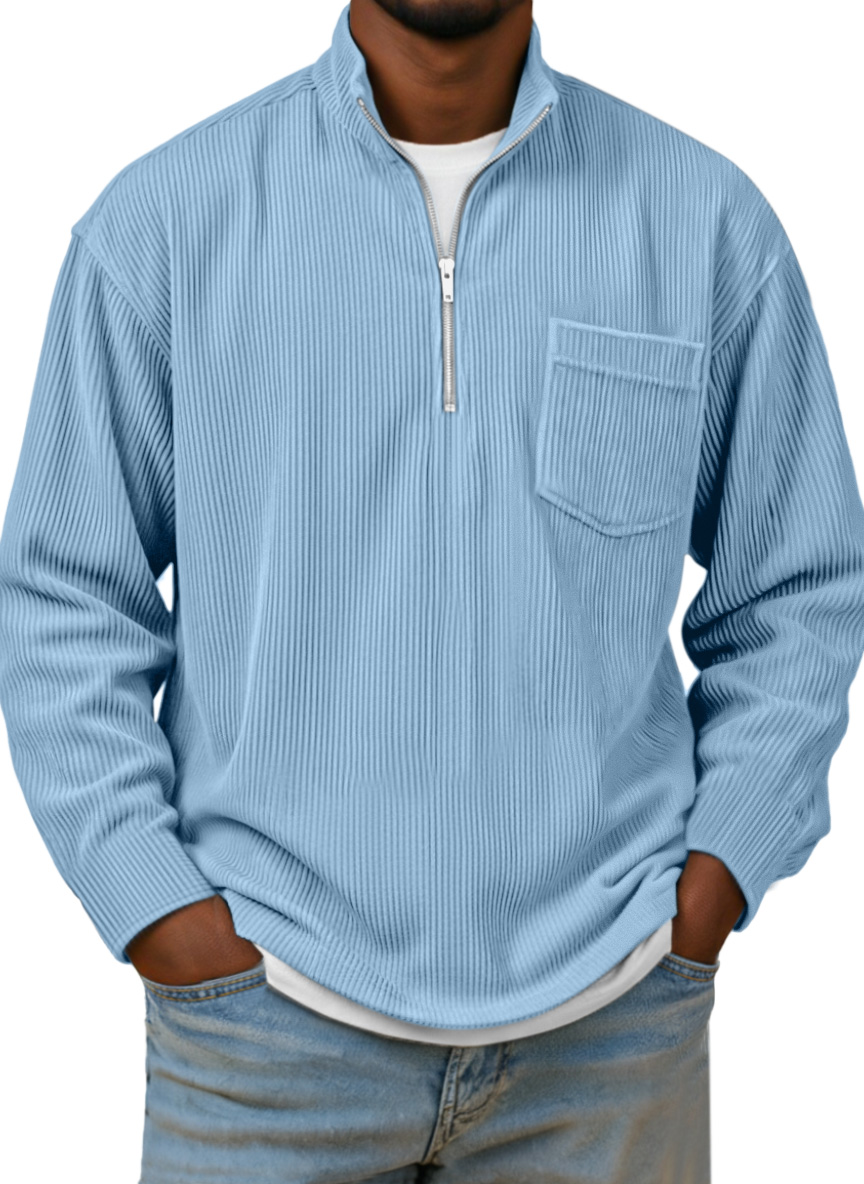Men's Simple Basic Corduroy Quarter-zip Stand Collar Long Sleeve Polo Shirt