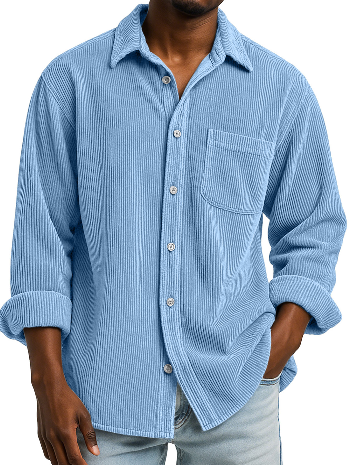 Basic Vintage Corduroy Lapel Button-down Long-sleeve Shirt