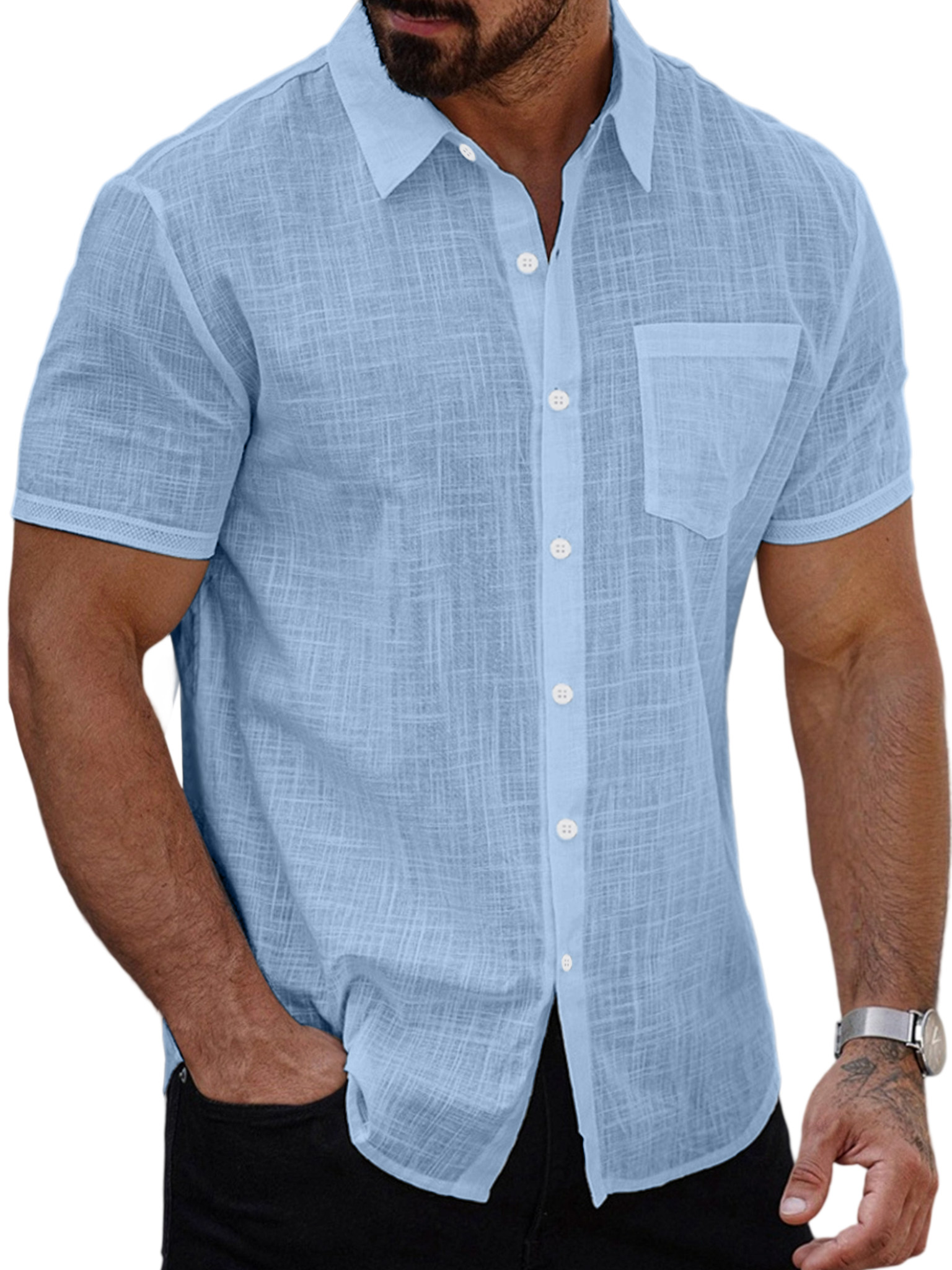 Men's Summer Casual Solid Color Button-down Short Sleeve Shirt