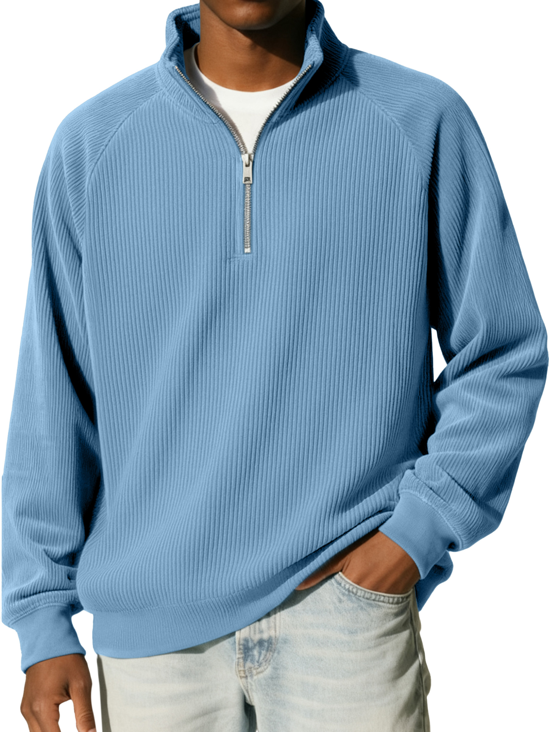 Men's Casual Simple Vertical Pit Strip Raglan Stand Collar Zipper Long-sleeved Sweatshirt