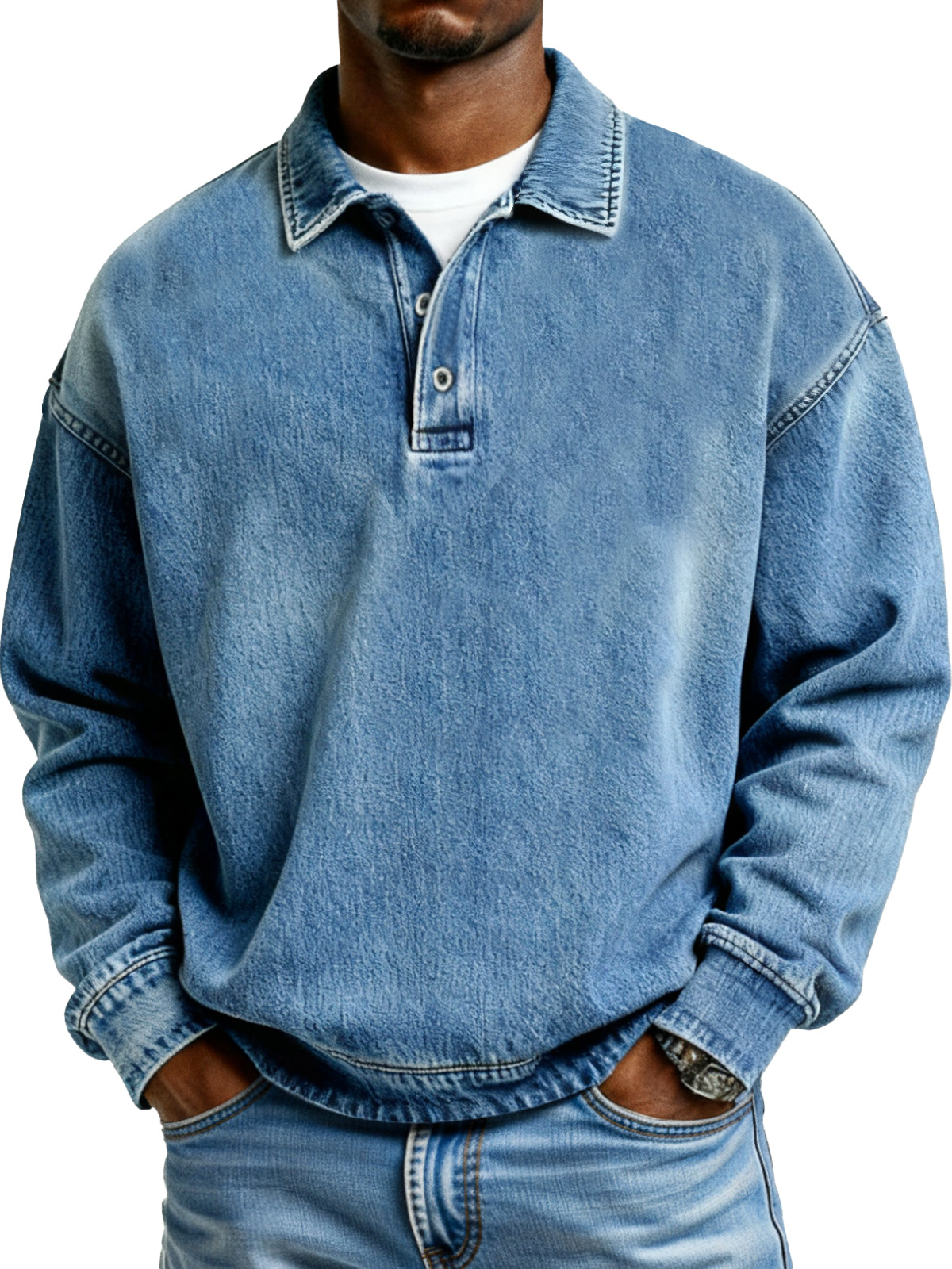 Retro Solid Color Simple Button Lapel Long Sleeve Polo Shirt