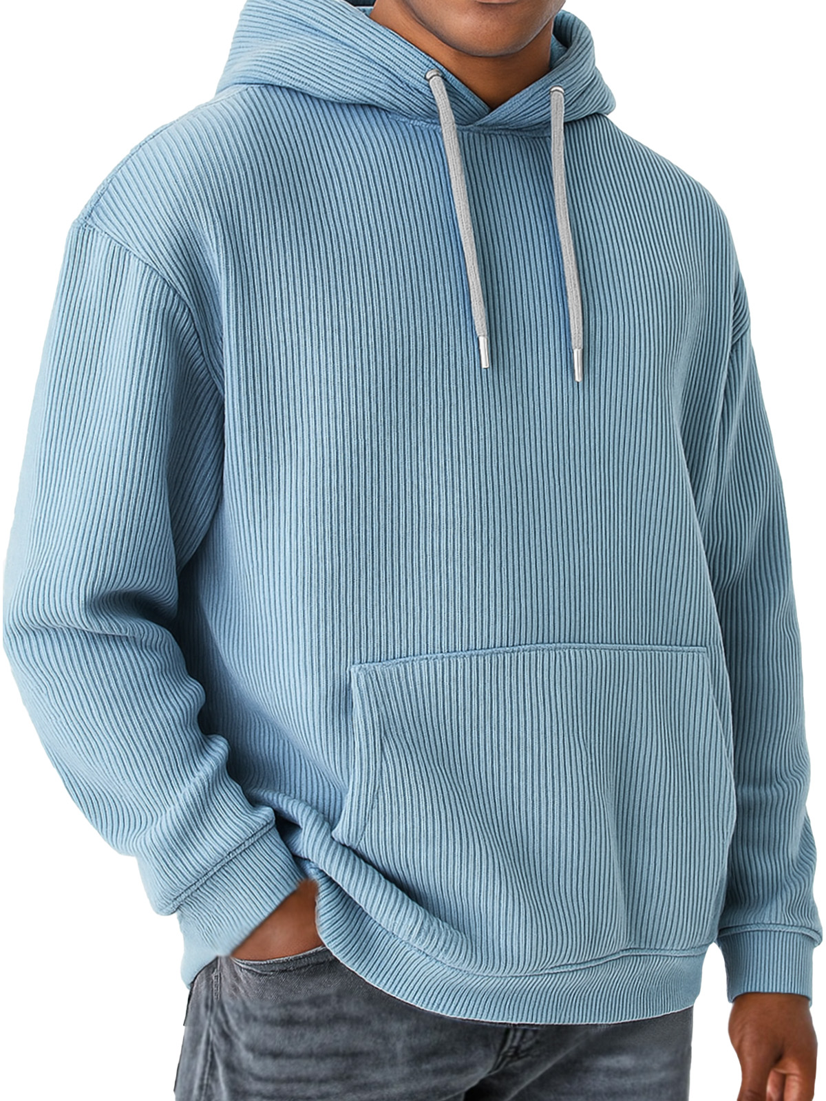Men's Solid Color Vertical Pit Strip Pocket Long Sleeve Hooded Sweatshirt