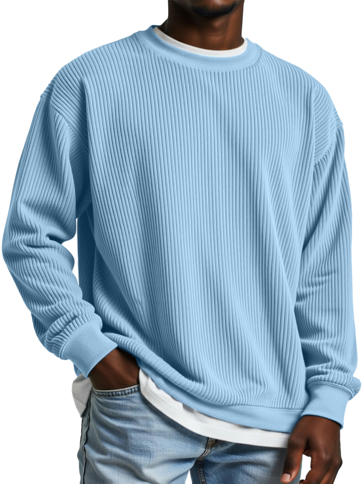 Men's Simple Daily Solid Color Vertical Pit Strip Round Neck Long-sleeved T-shirt