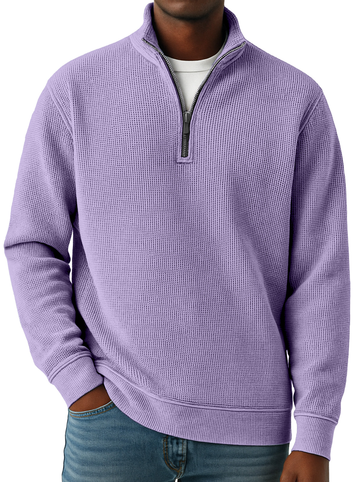 Men's Simple Solid Color Waffle Quarter-zip Long Sleeve Polo Shirt