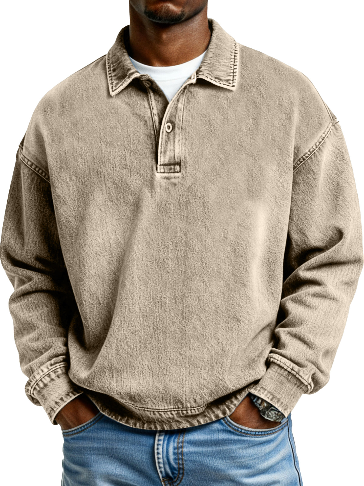 Retro Solid Color Simple Button Lapel Long Sleeve Polo Shirt