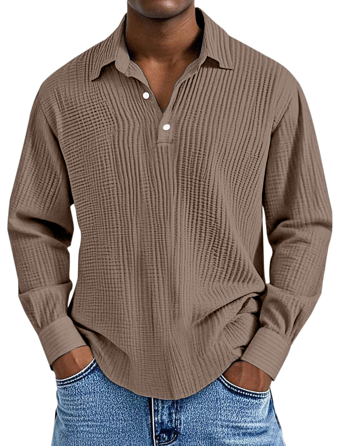 Men's Simple Solid Color Pleated Texture Long-sleeved Lapel Polo Shirt