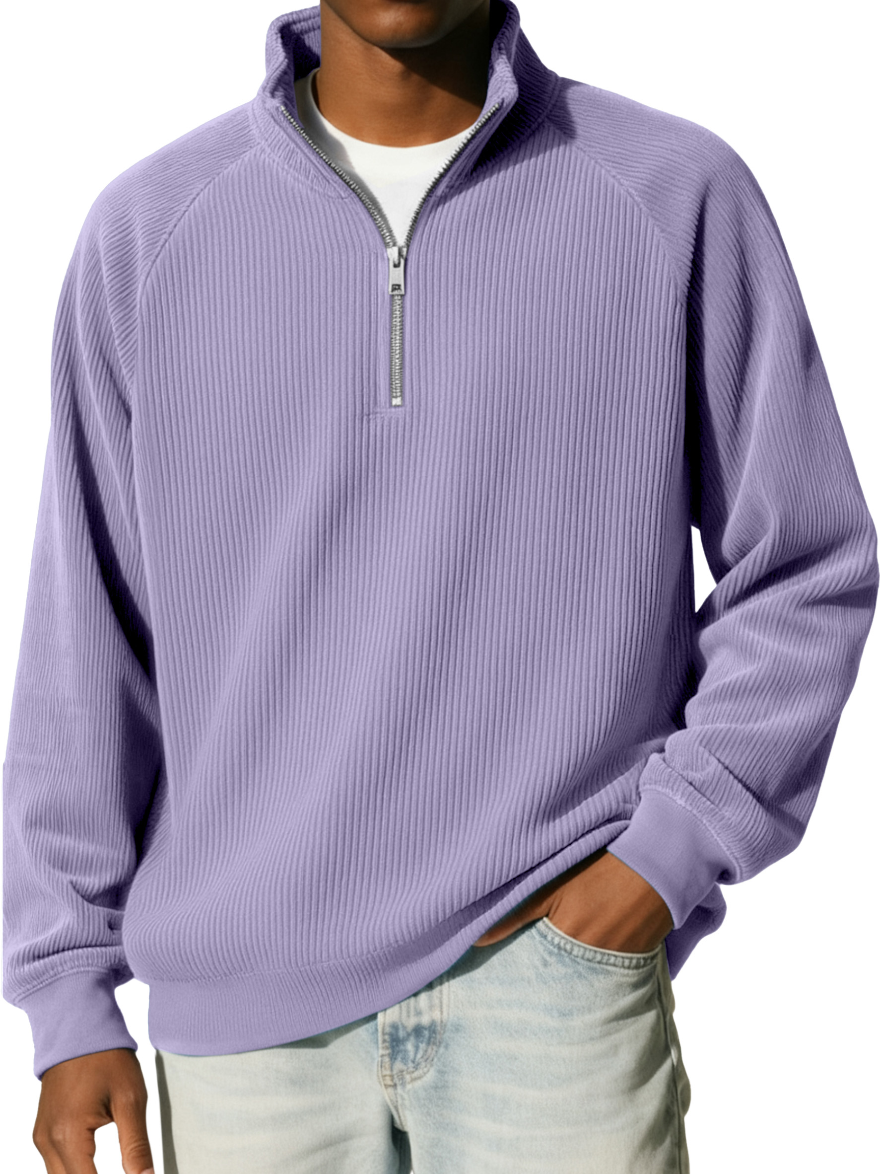 Men's Casual Simple Vertical Pit Strip Raglan Stand Collar Zipper Long-sleeved Sweatshirt