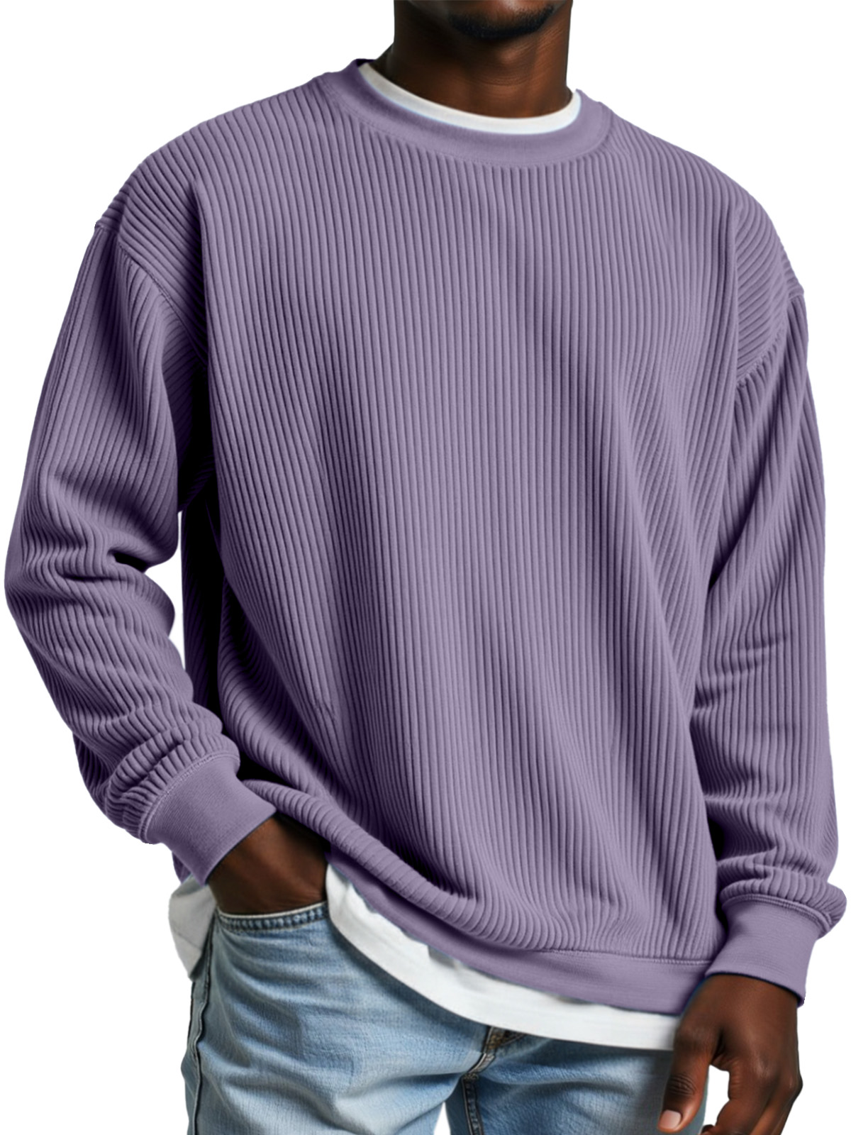 Men's Simple Daily Solid Color Vertical Pit Strip Round Neck Long-sleeved T-shirt