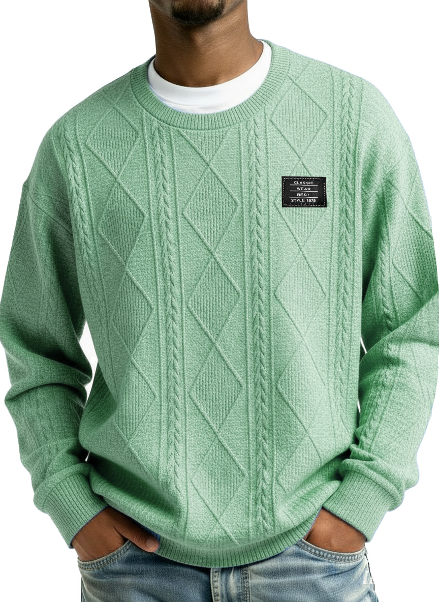 Men's Stylish Vintage Everyday Jacquard Fabric Embroidered Logo Long-sleeved Crew Neck Sweatshirt