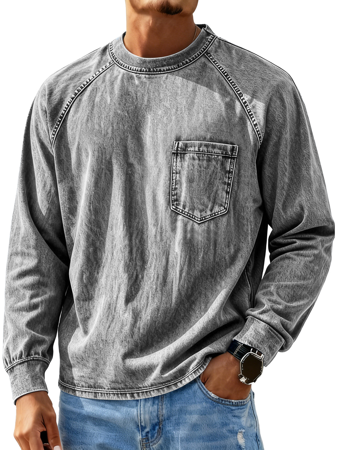 Men's Retro Crew Neck Raglan Casual Pocket Long Sleeve T-Shirt