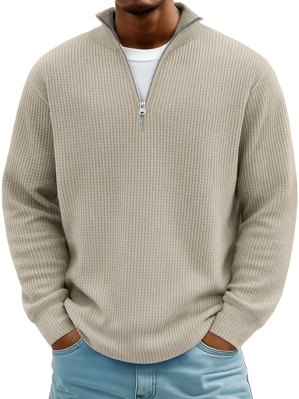 Men's Everyday Waffle Stand Collar Zipper Casual Long Sleeve T-shirt