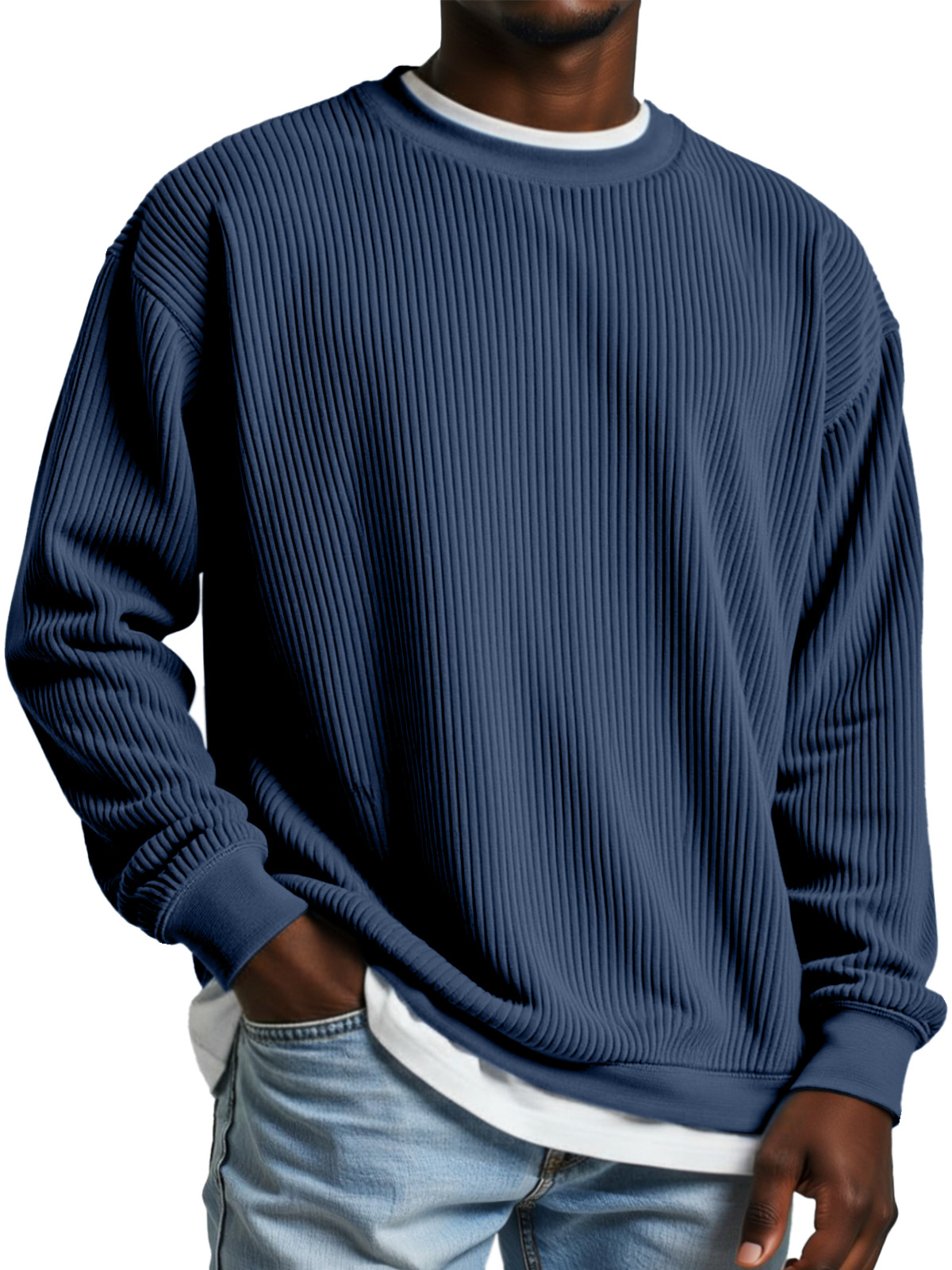 Men's Simple Daily Solid Color Vertical Pit Strip Round Neck Long-sleeved T-shirt