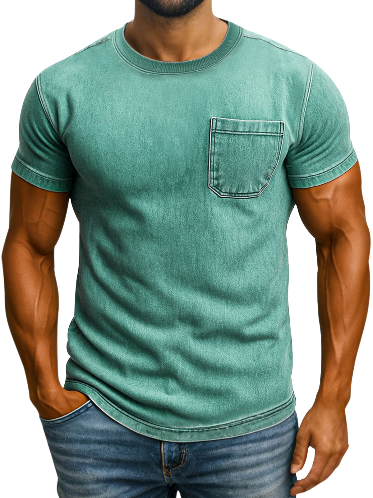 Men's Vintage Solid Color Pocket Crew Neck Shirt