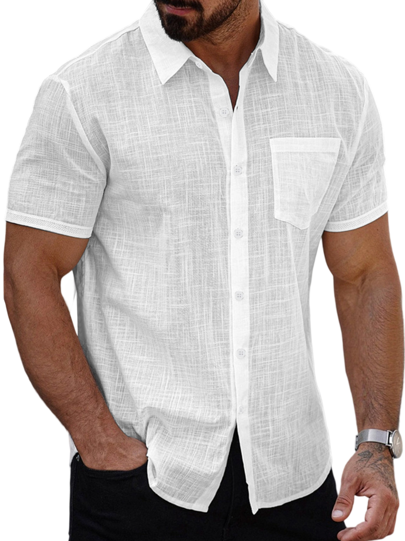 Men's Summer Casual Solid Color Button-down Short Sleeve Shirt
