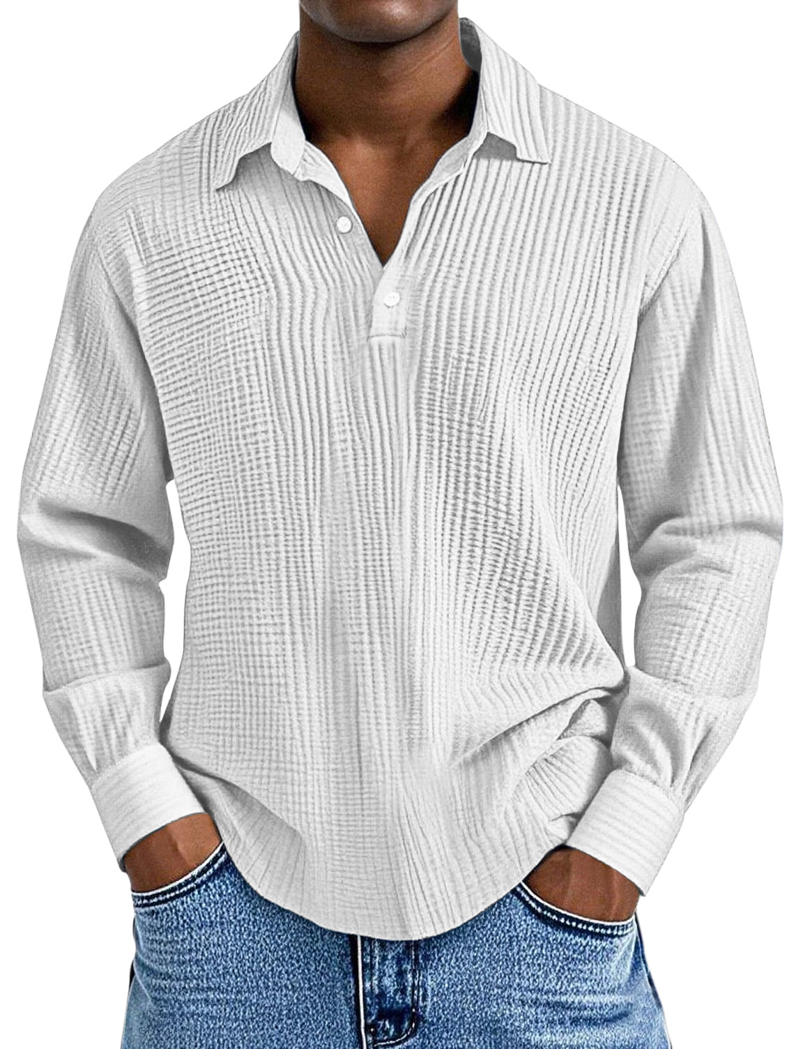 Men's Simple Solid Color Pleated Texture Long-sleeved Lapel Polo Shirt