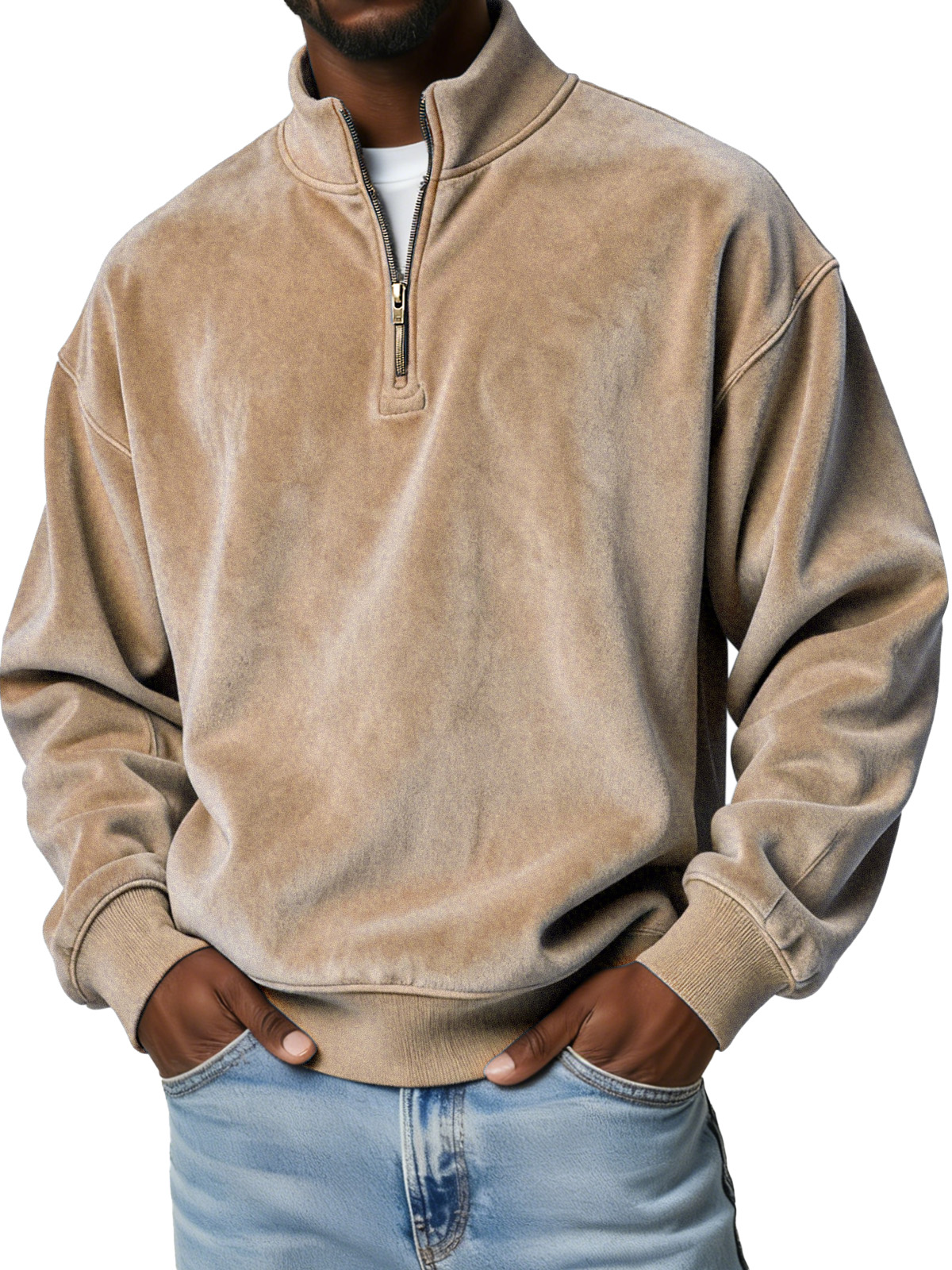 Men's Simple Solid Color Suede Casual Zipper Stand Collar Sweatshirt
