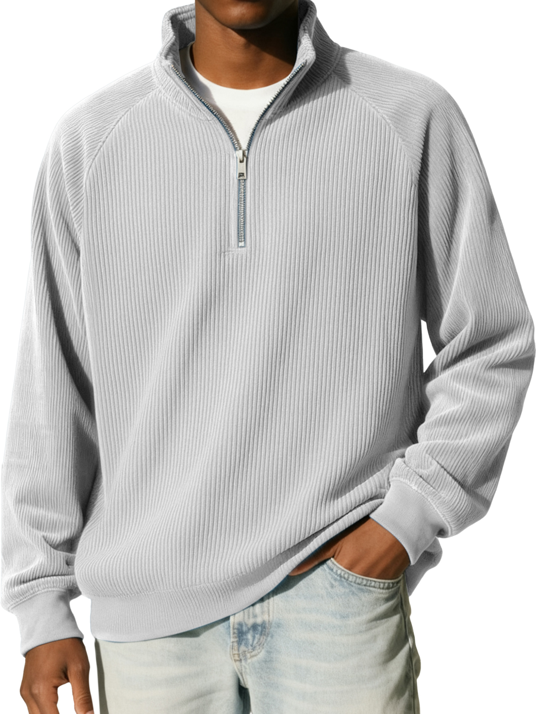 Men's Casual Simple Vertical Pit Strip Raglan Stand Collar Zipper Long-sleeved Sweatshirt