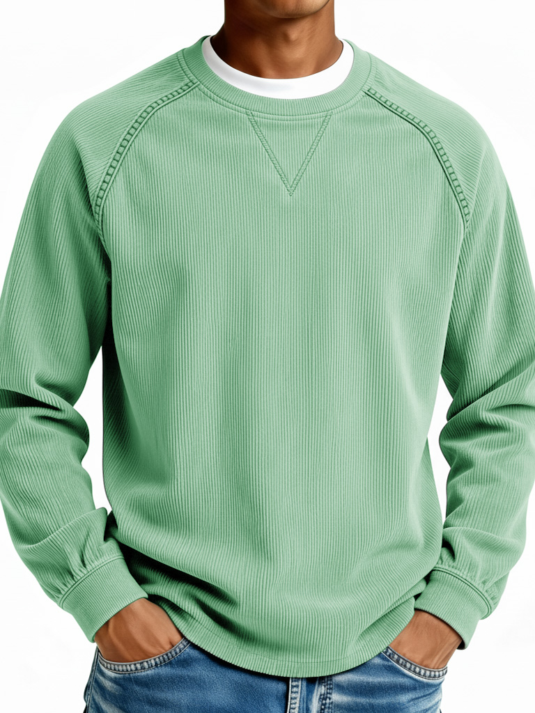 Men's Fashionable Casual Retro Ribbed Fabric Long-Sleeve Crew Neck Top