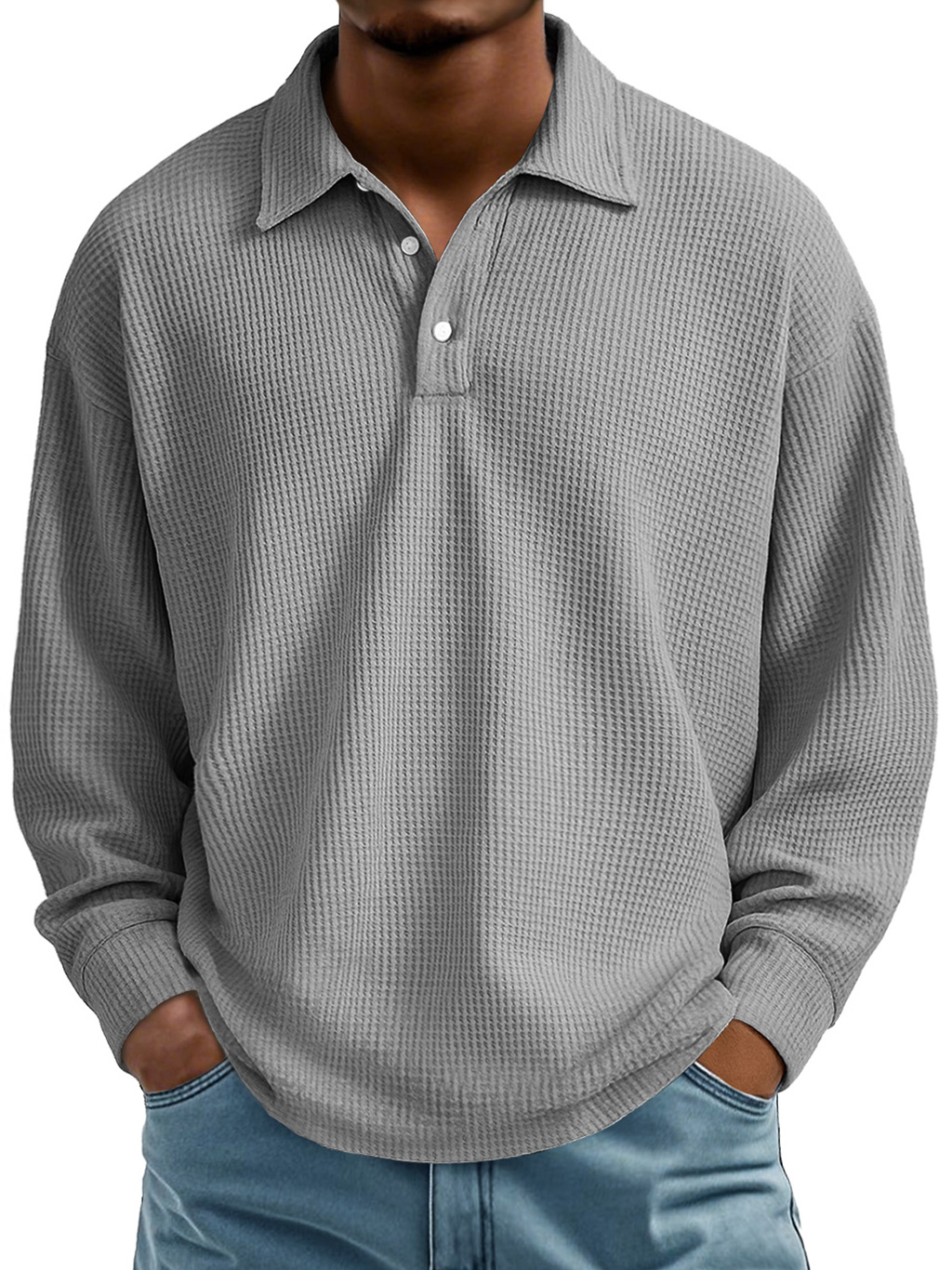 Men's Waffle Casual Lapel Button-down Long-sleeved Polo Shirt