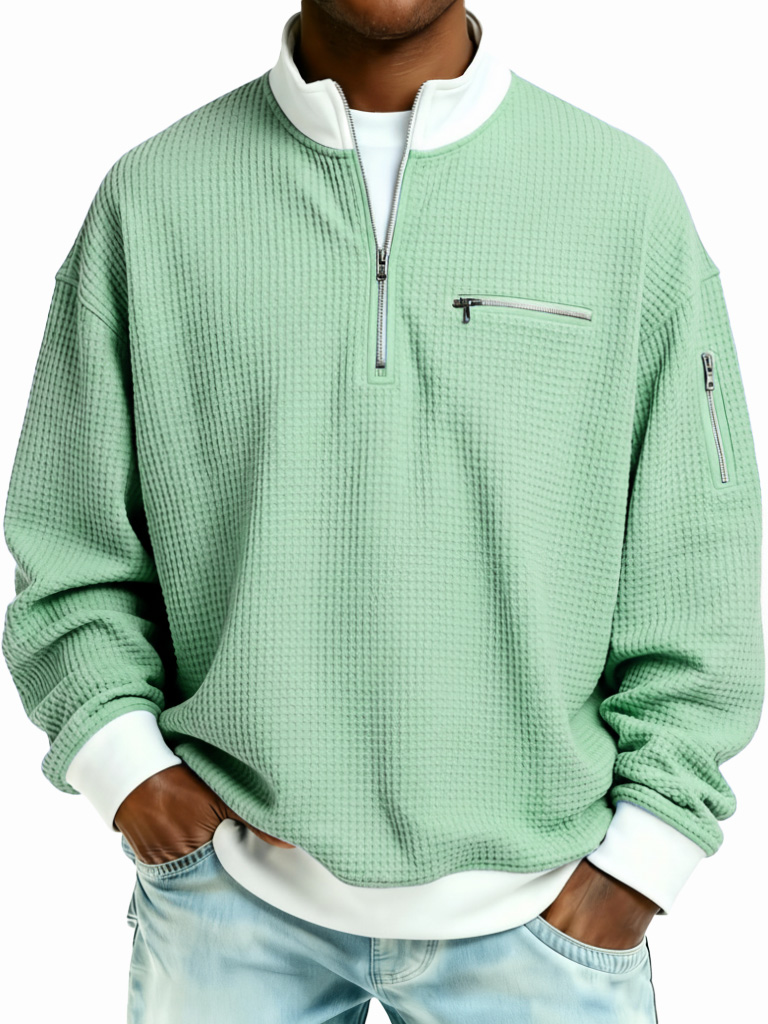 Men's Fashion Casual Patchwork Zipper Stand Collar Waffle Gown Long-Sleeve Top