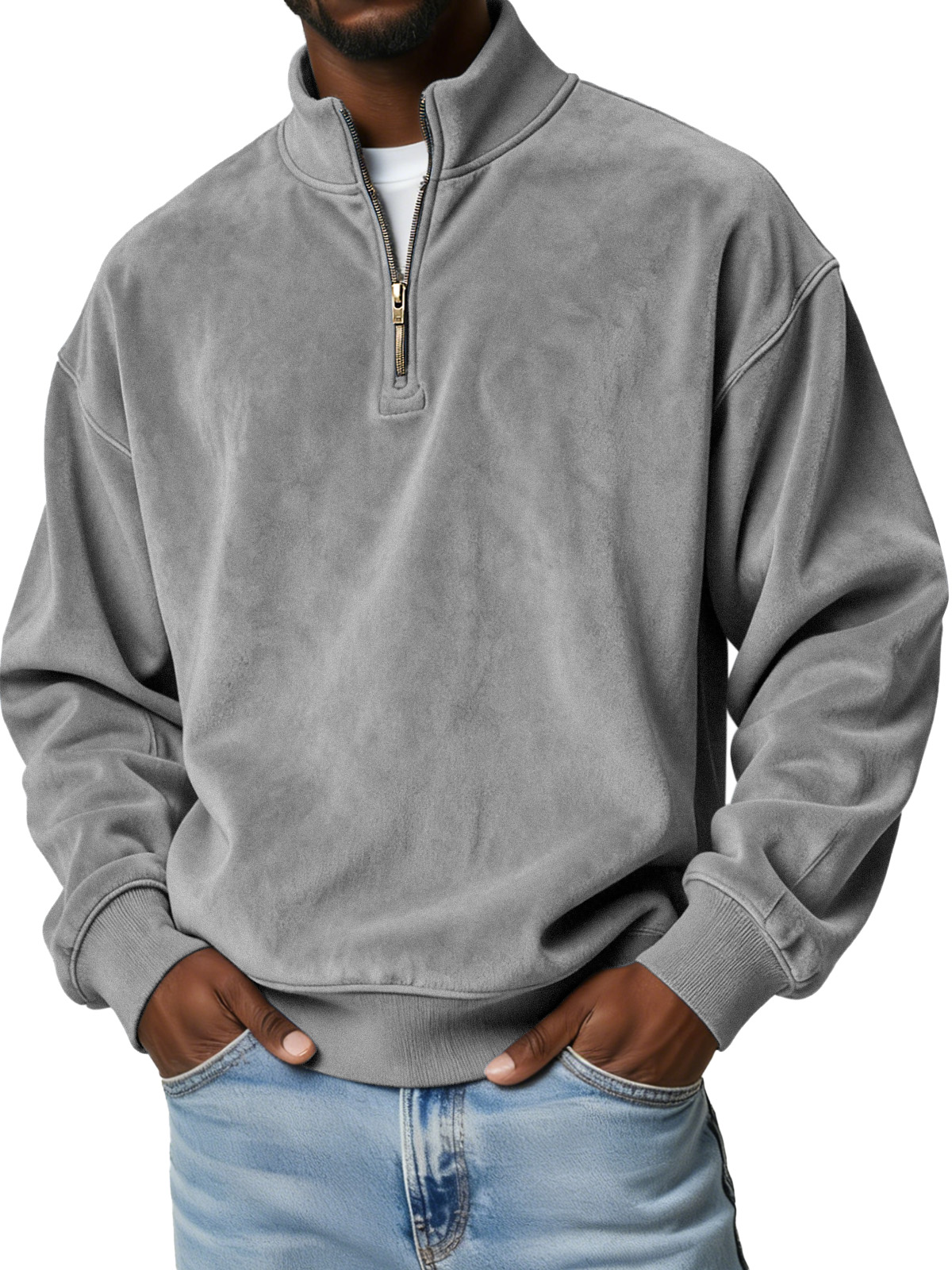 Men's Simple Solid Color Suede Casual Zipper Stand Collar Sweatshirt