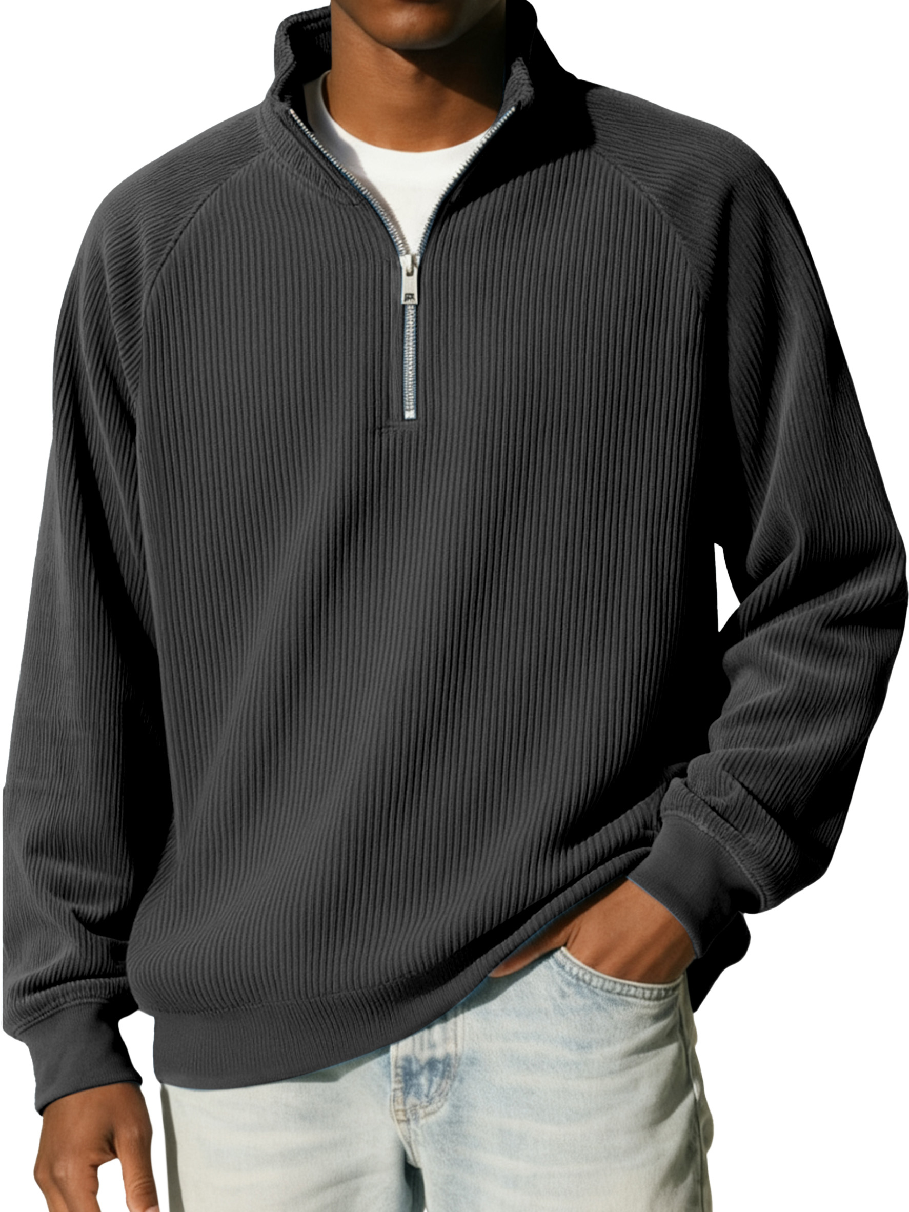 Men's Casual Simple Vertical Pit Strip Raglan Stand Collar Zipper Long-sleeved Sweatshirt