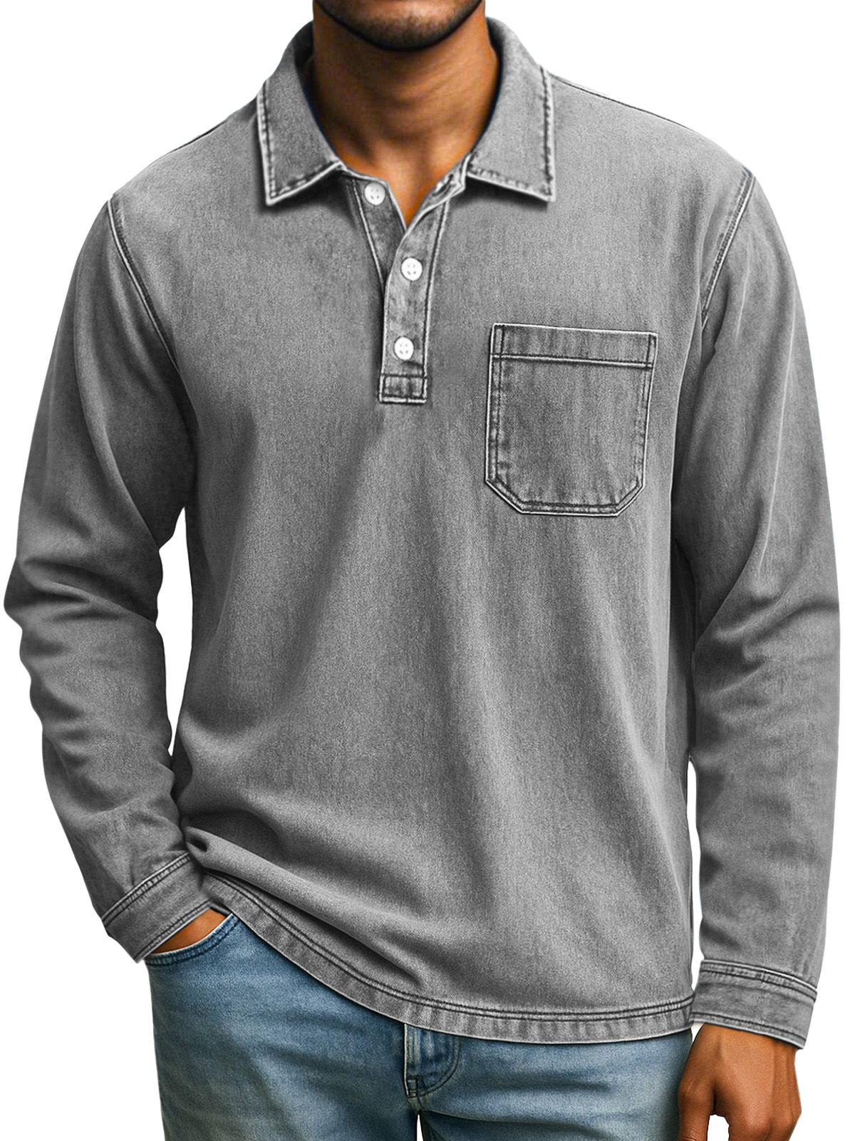 Men's Retro Casual Daily Solid Color Long Sleeve Lapel Polo Shirt