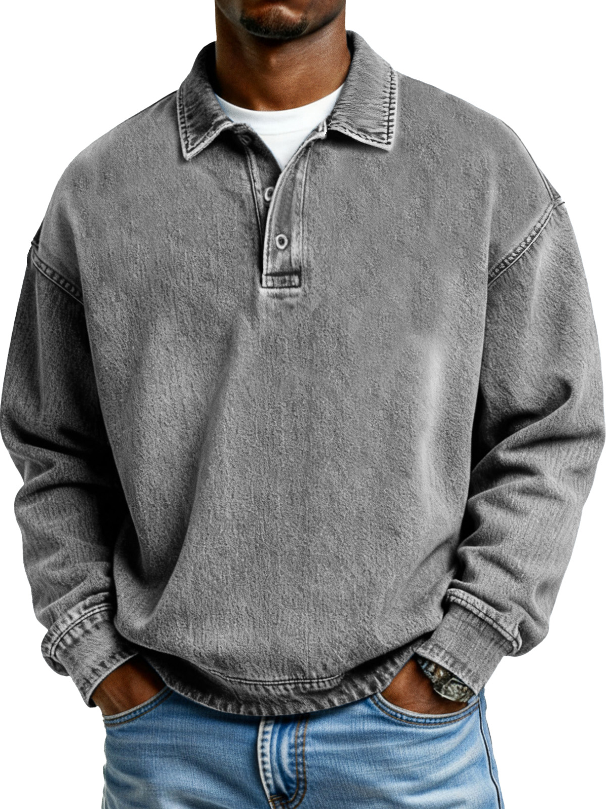 Retro Solid Color Simple Button Lapel Long Sleeve Polo Shirt