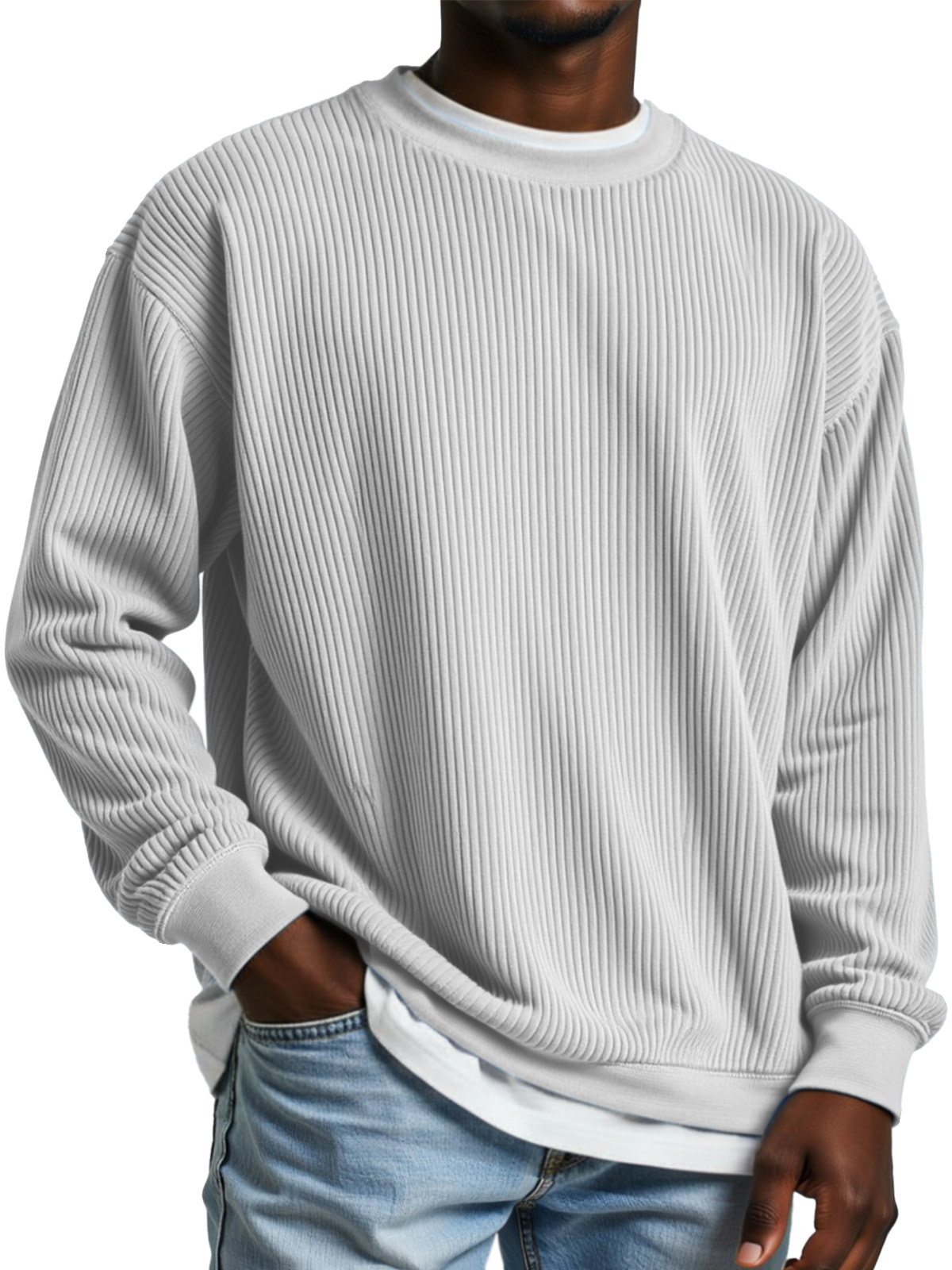Men's Simple Daily Solid Color Vertical Pit Strip Round Neck Long-sleeved T-shirt