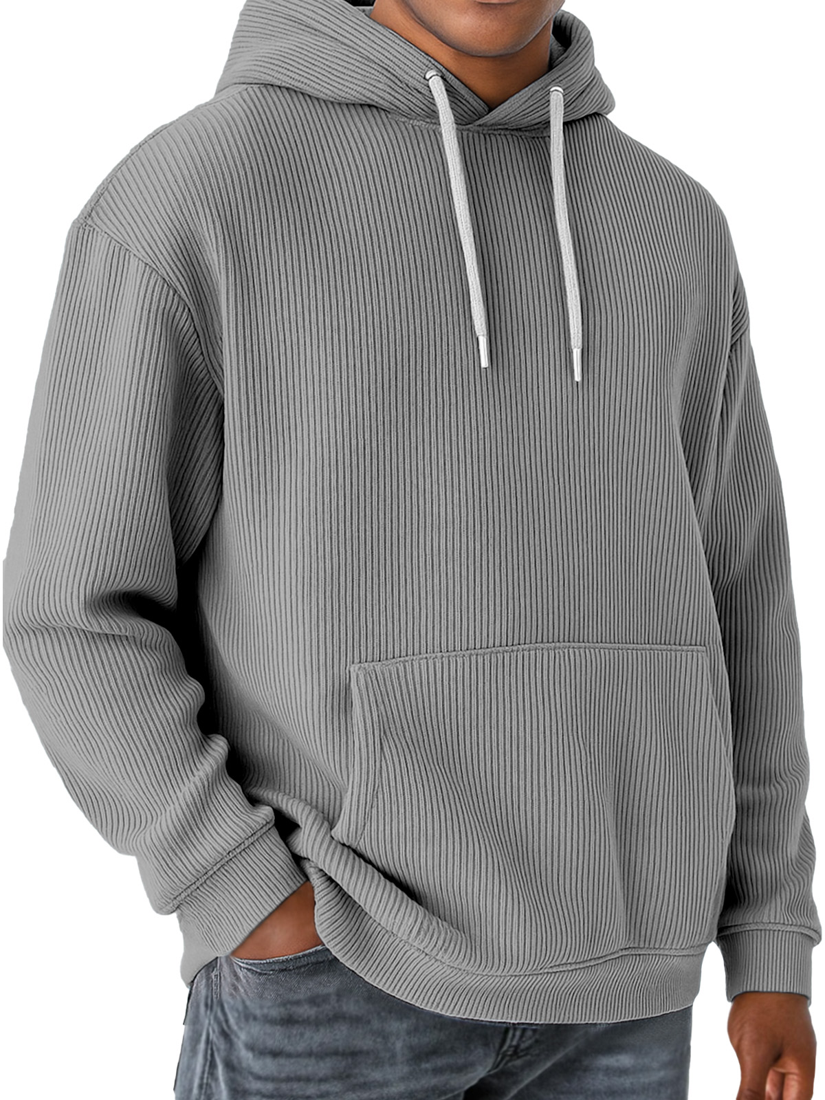 Men's Solid Color Vertical Pit Strip Pocket Long Sleeve Hooded Sweatshirt
