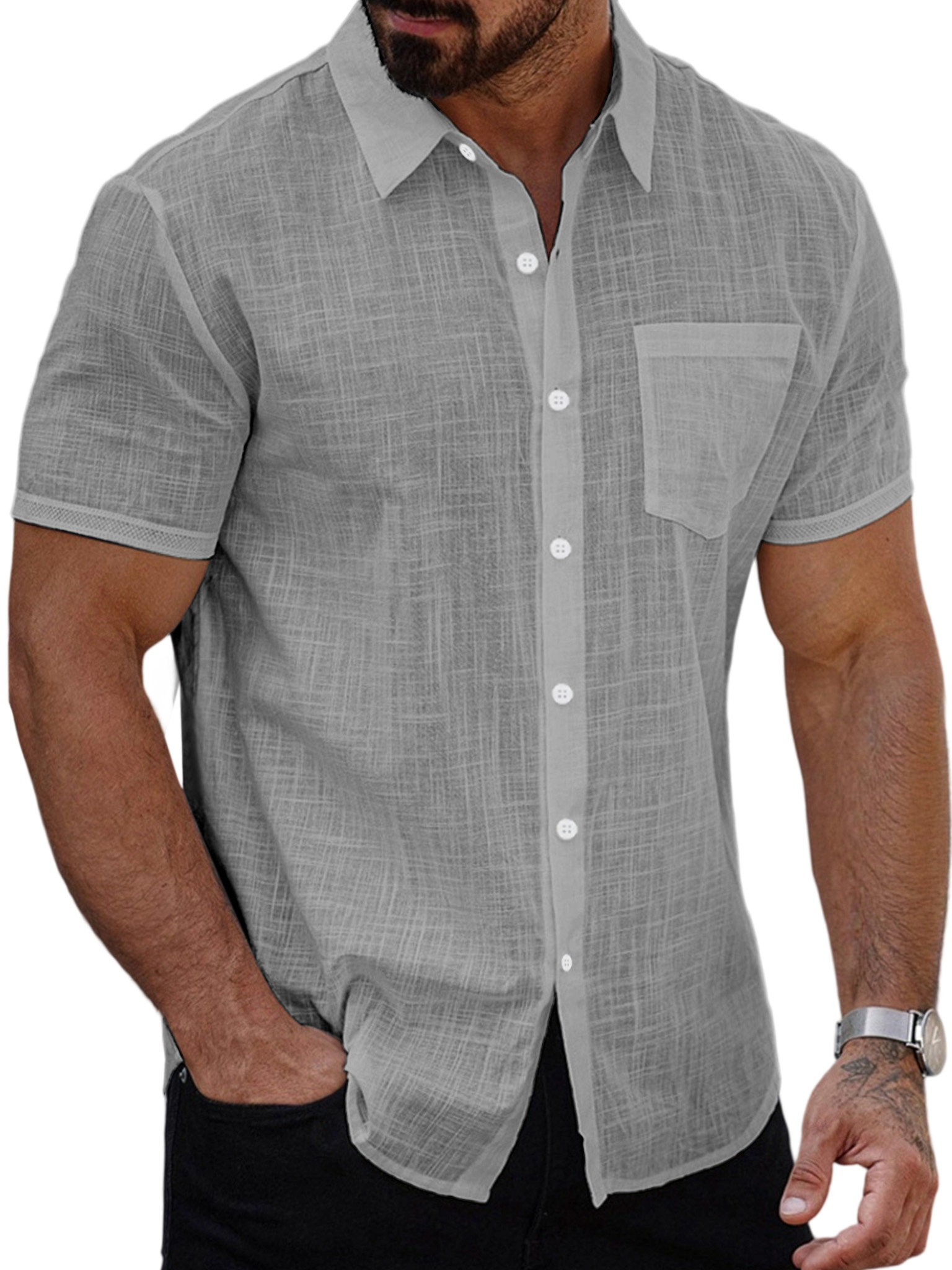 Men's Summer Casual Solid Color Button-down Short Sleeve Shirt