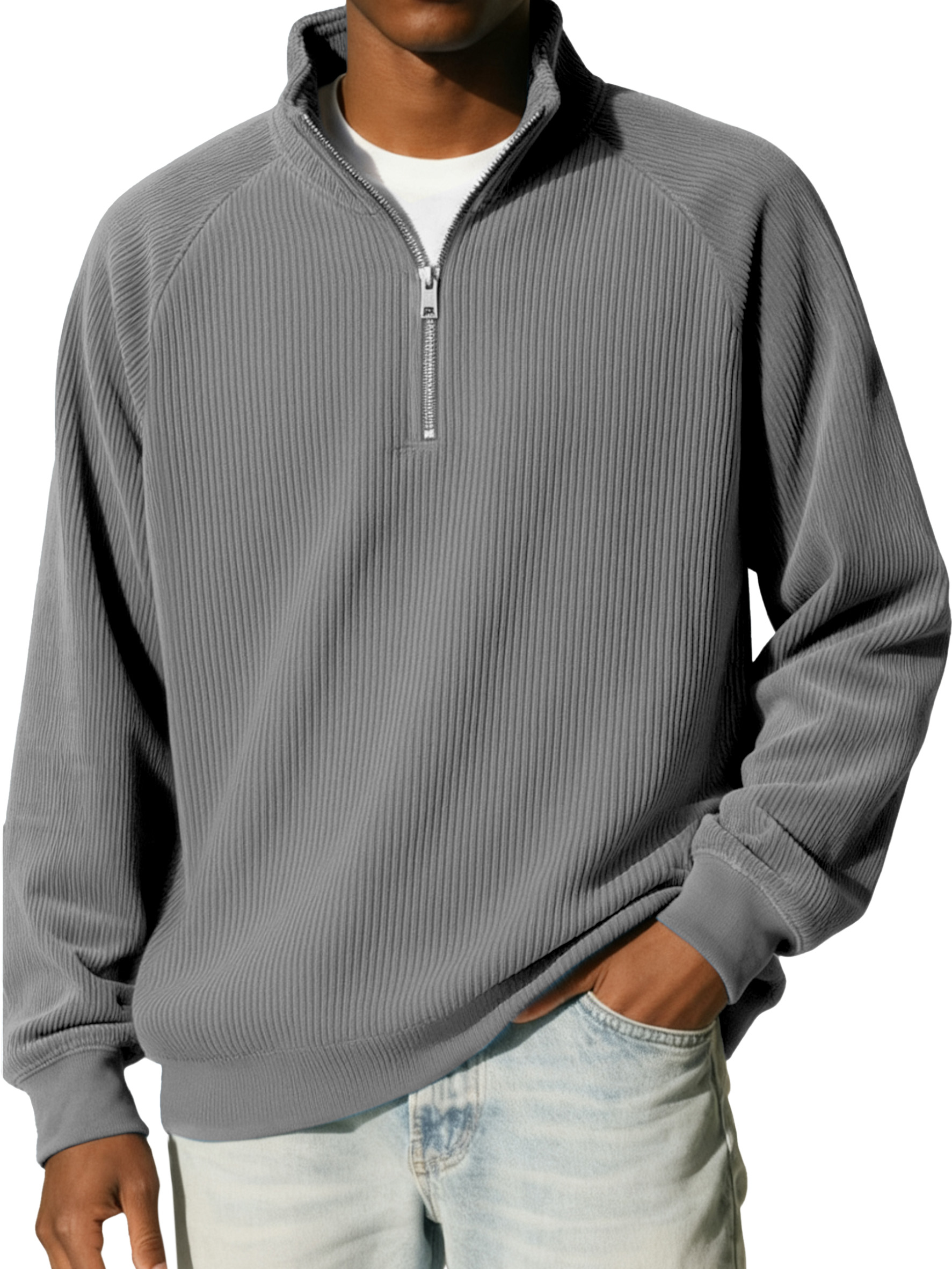 Men's Casual Simple Vertical Pit Strip Raglan Stand Collar Zipper Long-sleeved Sweatshirt